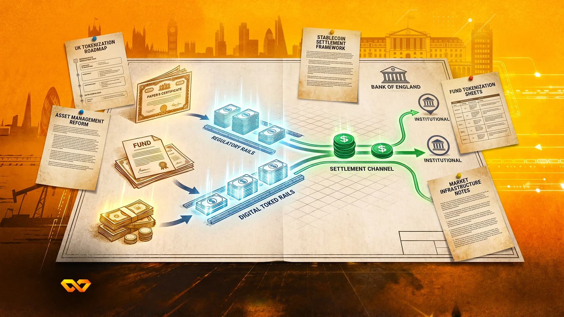 Infographic blueprint showing financial rails, documents, and the Bank of England logo against an orange London skyline.
