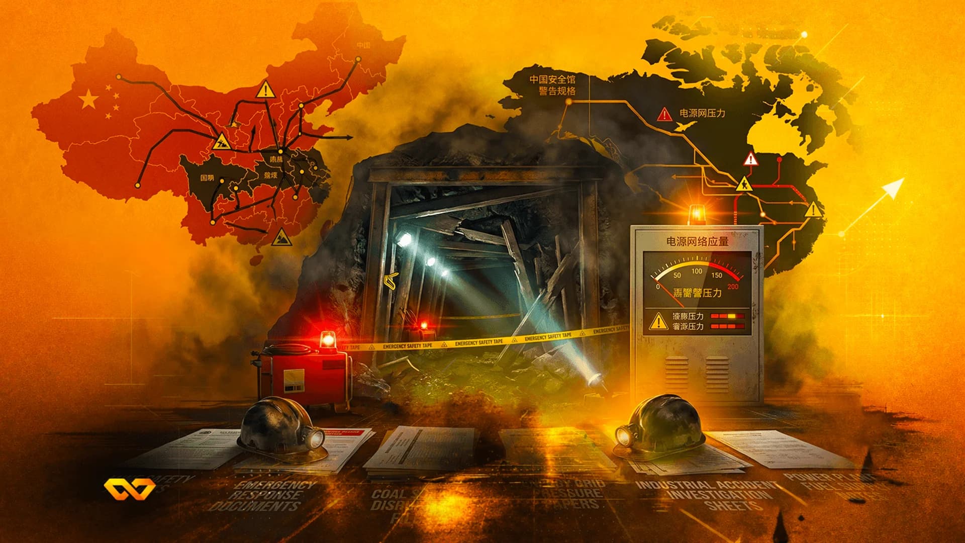 Illustration of a coal mine entrance with maps of China and Canada, emergency gear, and energy grid control panels.