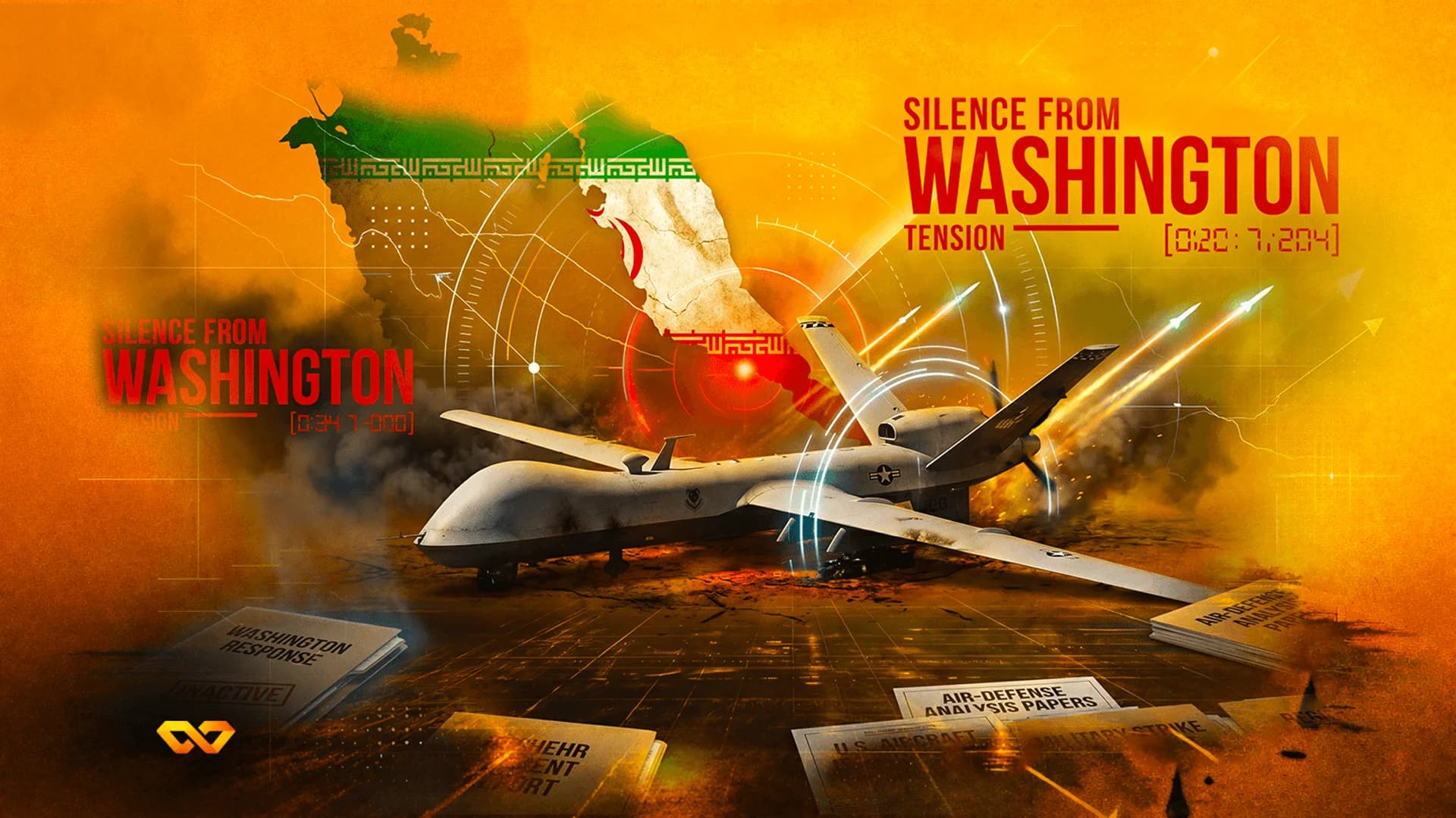 Illustration of a military drone being targeted by missiles over a map of Iran with the national flag.