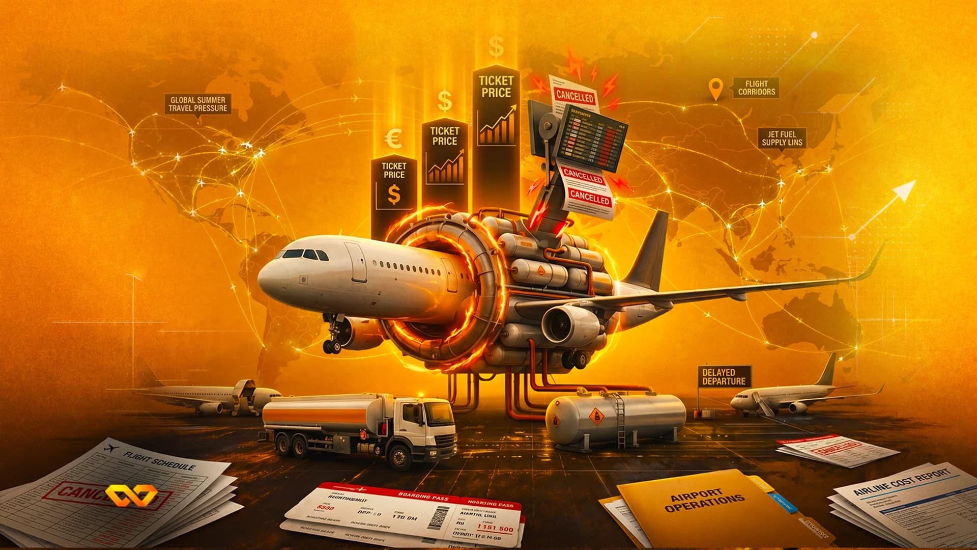 Illustration of an airplane surrounded by fuel tanks, ticket price charts, and cancellation notices on orange background.
