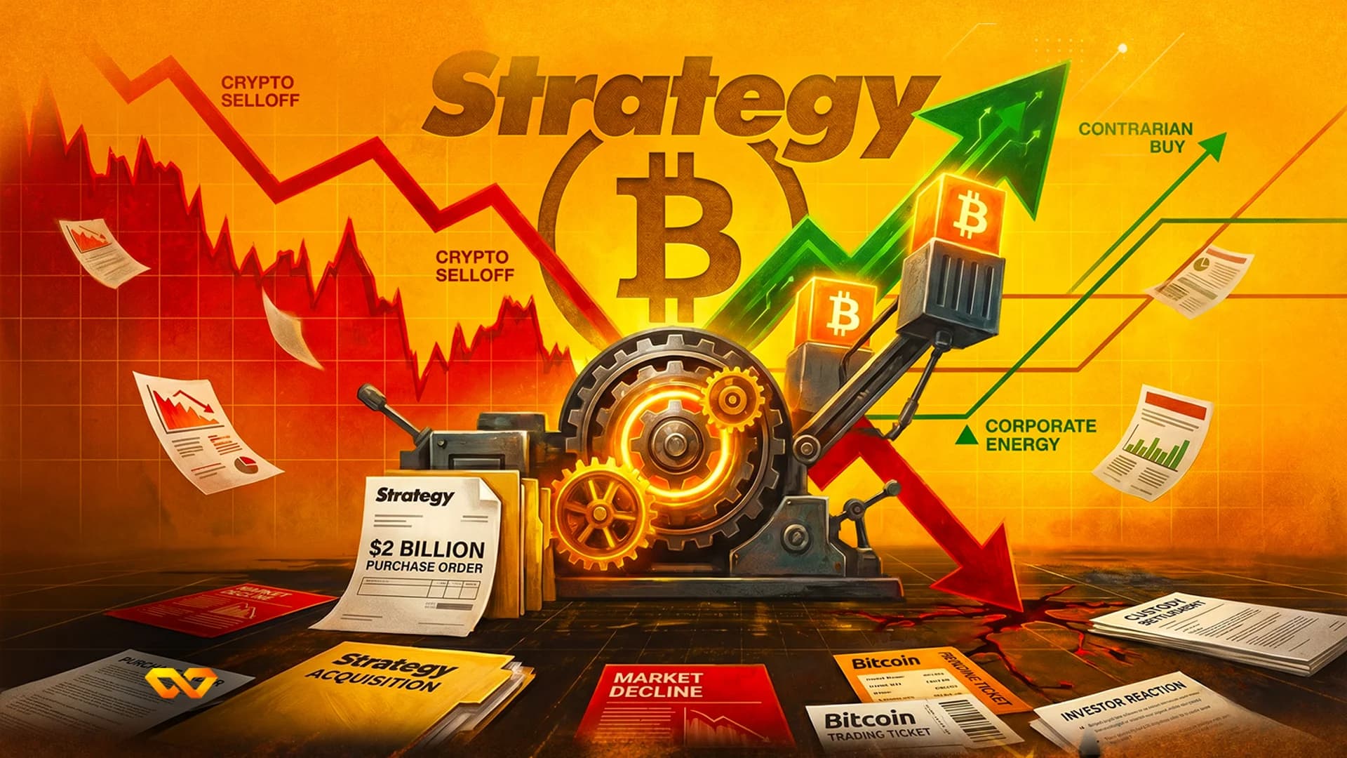 Illustration of a mechanical machine with Bitcoin logos, charts, and documents labeled Strategy and Purchase Order.