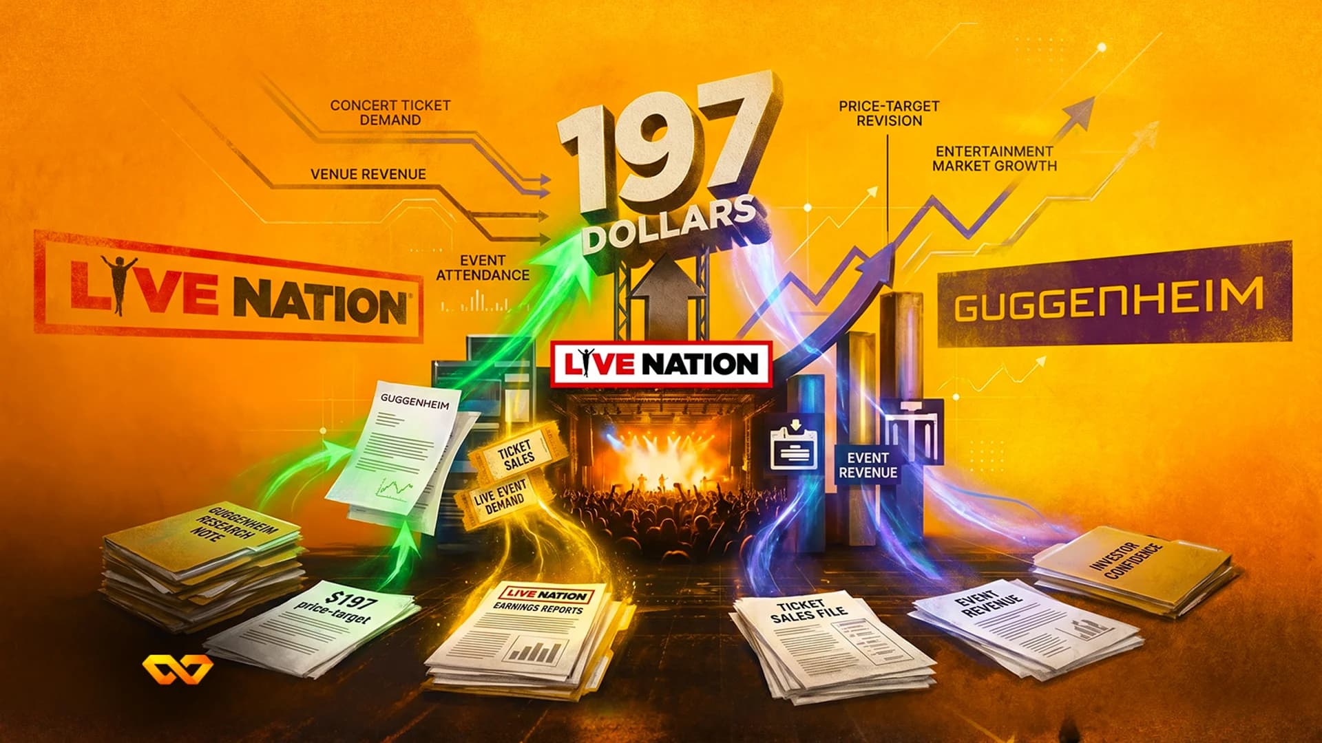 Digital collage with Live Nation and Guggenheim logos, concert imagery, and '197 DOLLARS' text on an orange background.