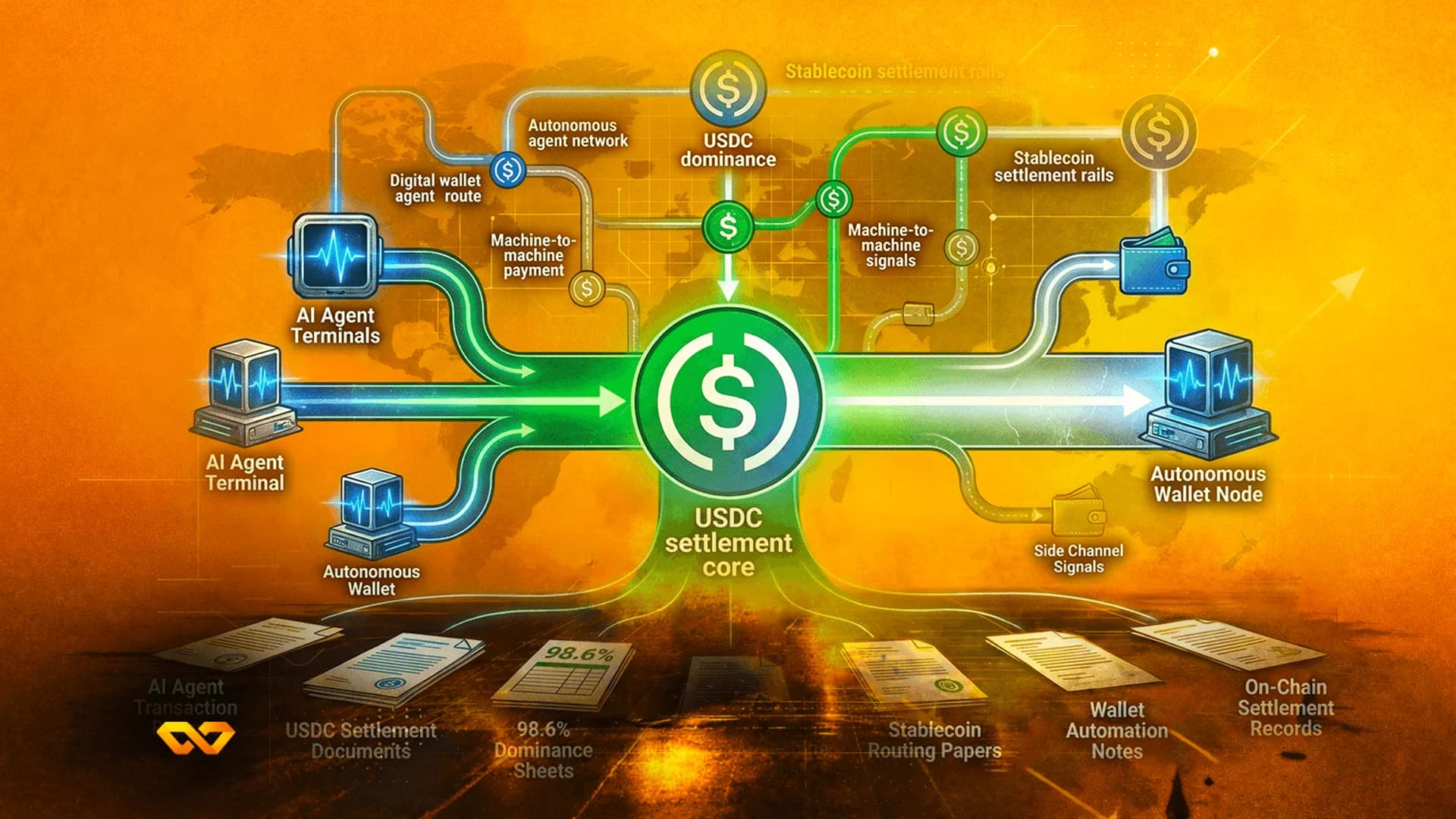 Infographic of USDC settlement core with AI terminals, wallet nodes, and data sheets on an orange background.