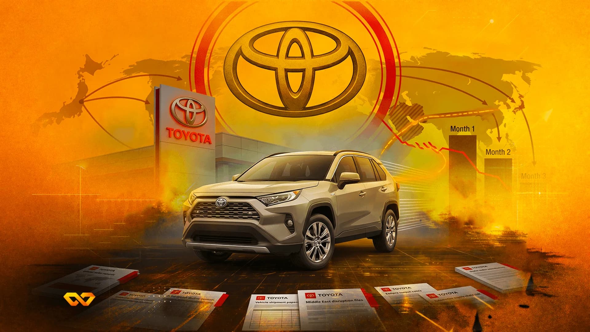 Silver Toyota SUV centered before a large gold logo, dealership sign, and supply chain documents on orange background.