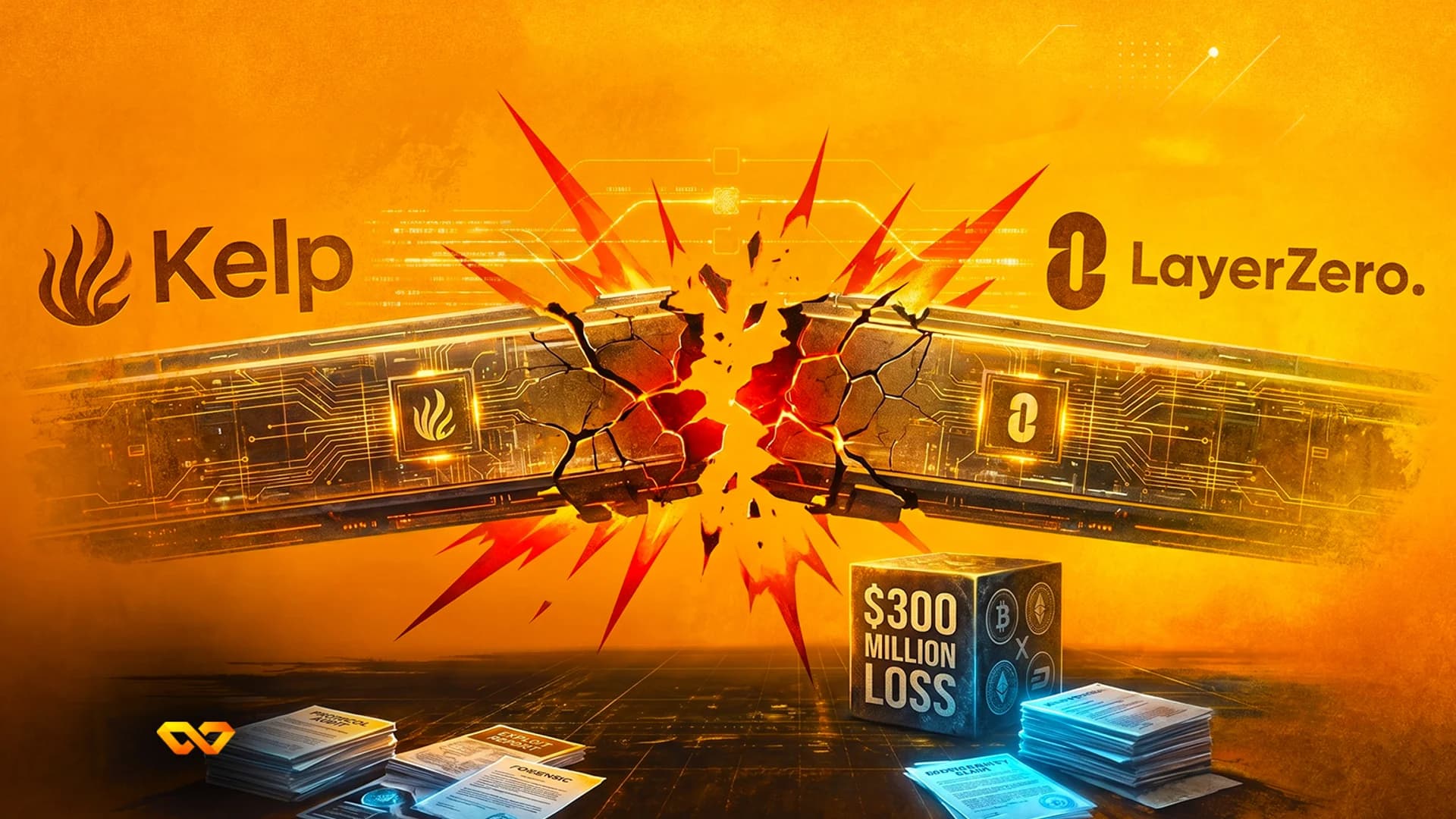 Illustration of a breaking circuit bridge between Kelp and LayerZero logos, with a cube marked $300 million loss.