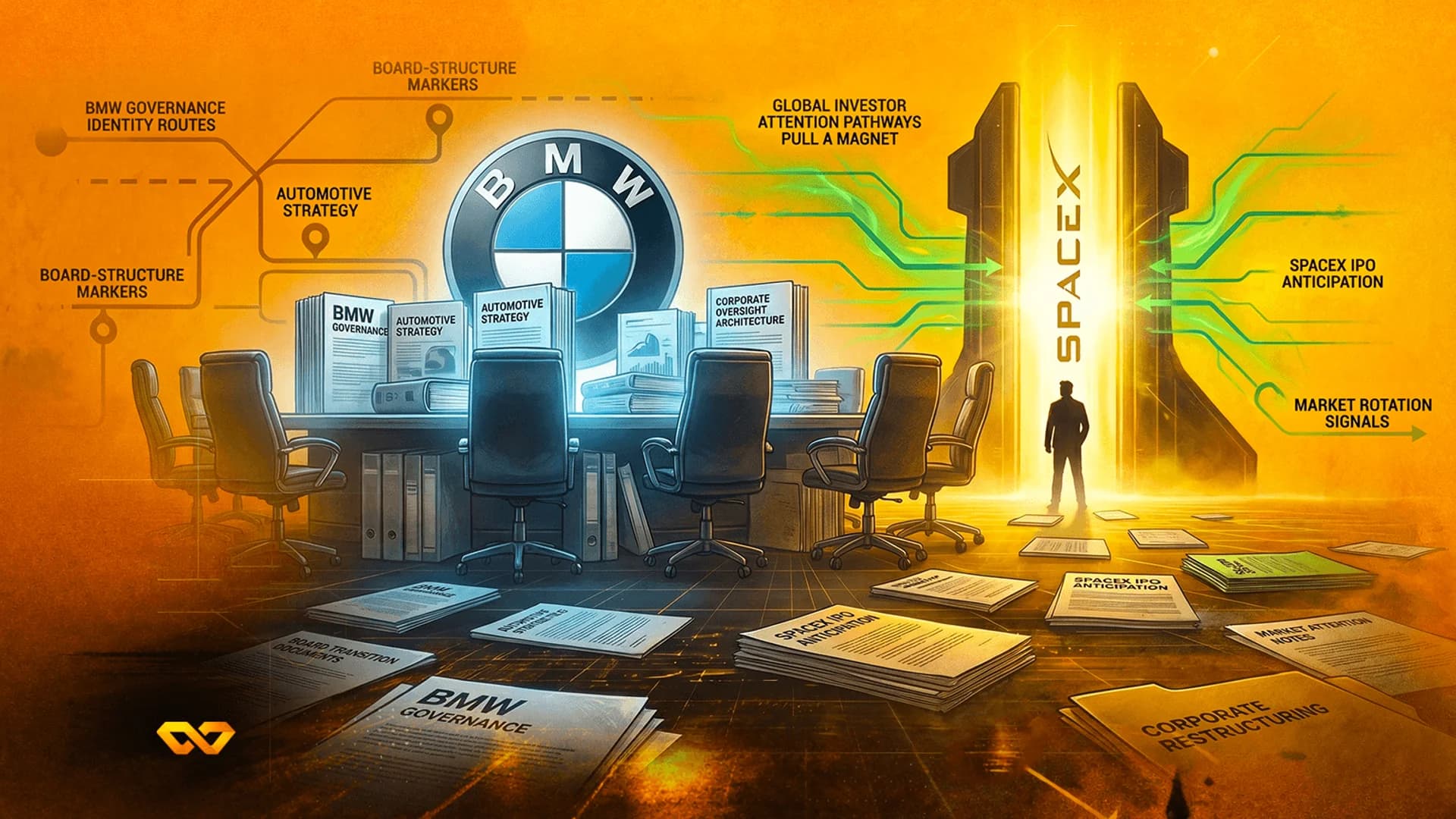 Boardroom with BMW logo, scattered documents, and a glowing SpaceX portal with a silhouette.