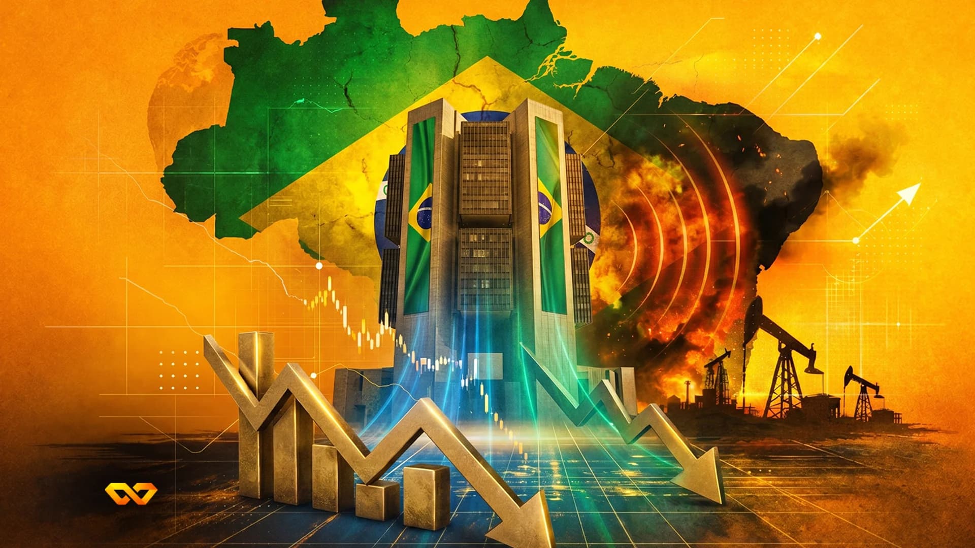 Digital illustration of the Brazilian Central Bank building over a map of Brazil with a falling gold bar chart.