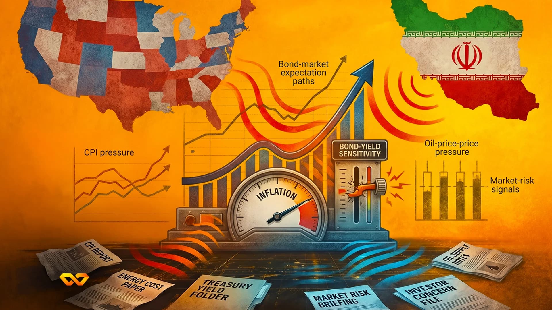 Editorial illustration of an inflation gauge between maps of the USA and Iran, with charts and scattered documents.