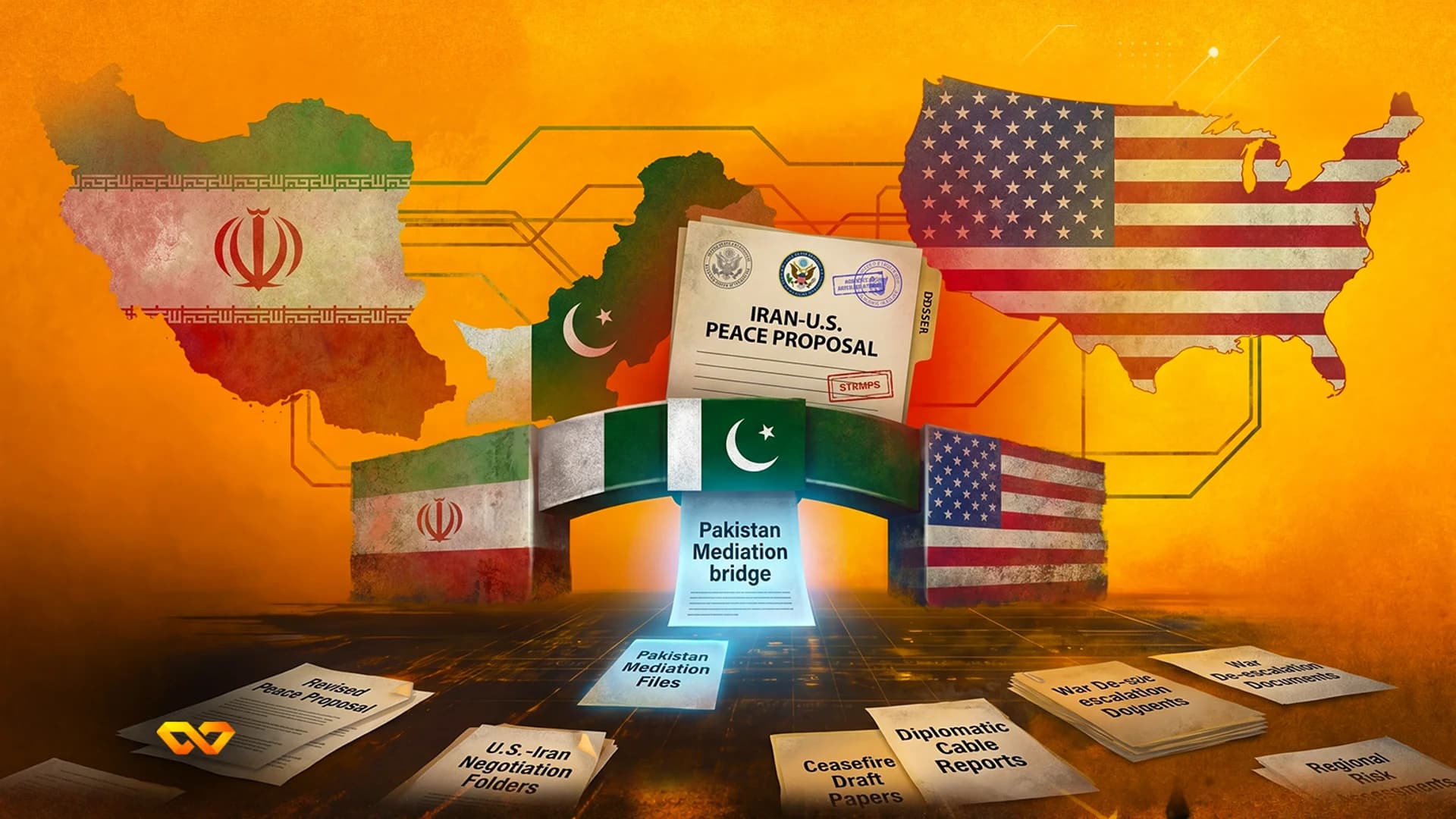 Illustration of Iran and US maps connected by a bridge with the Pakistan flag and diplomatic documents on the ground.