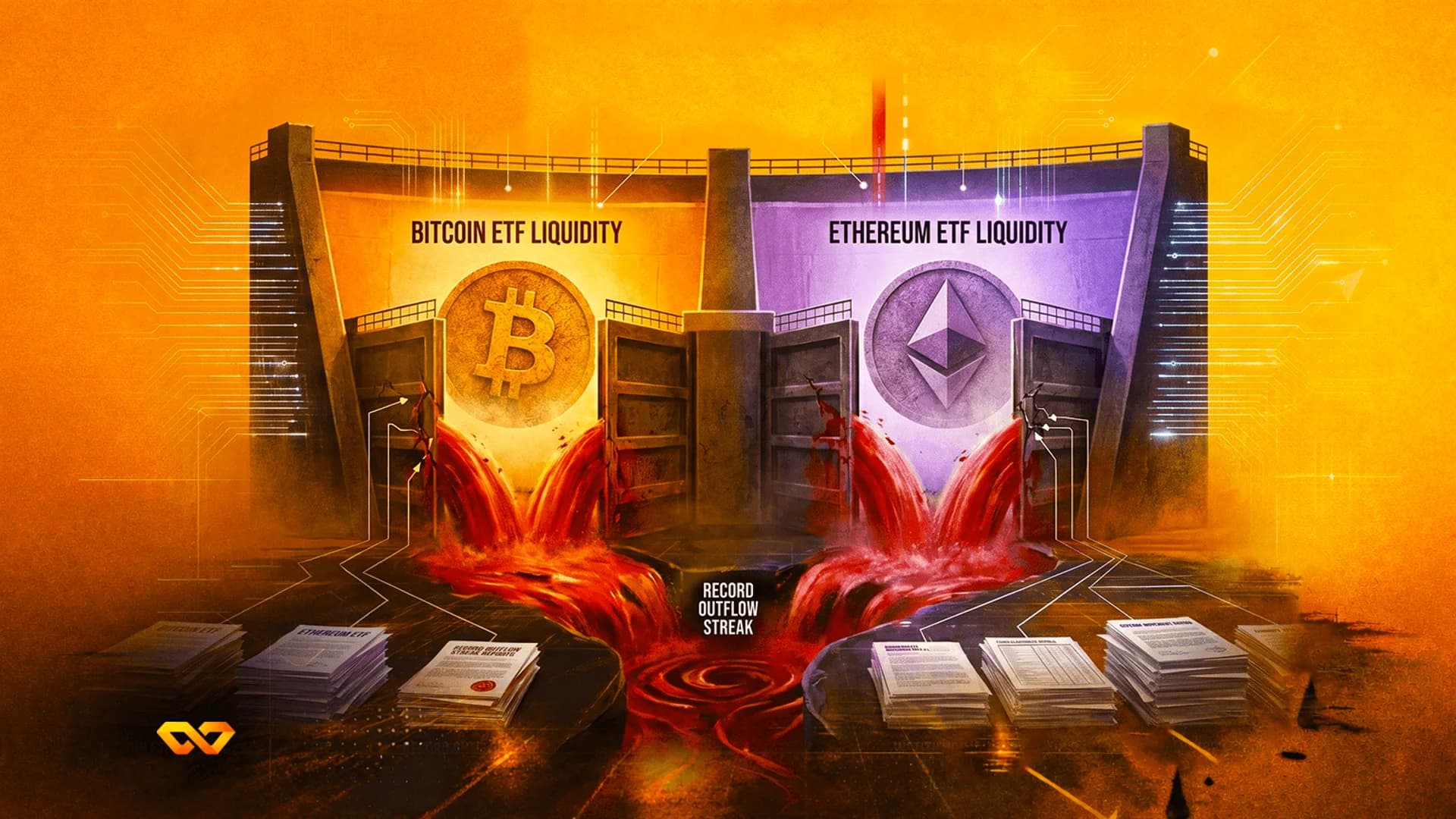 Illustration of Bitcoin and Ethereum logos above dam gates with red liquid flowing out, labeled 'Record Outflow Streak'.