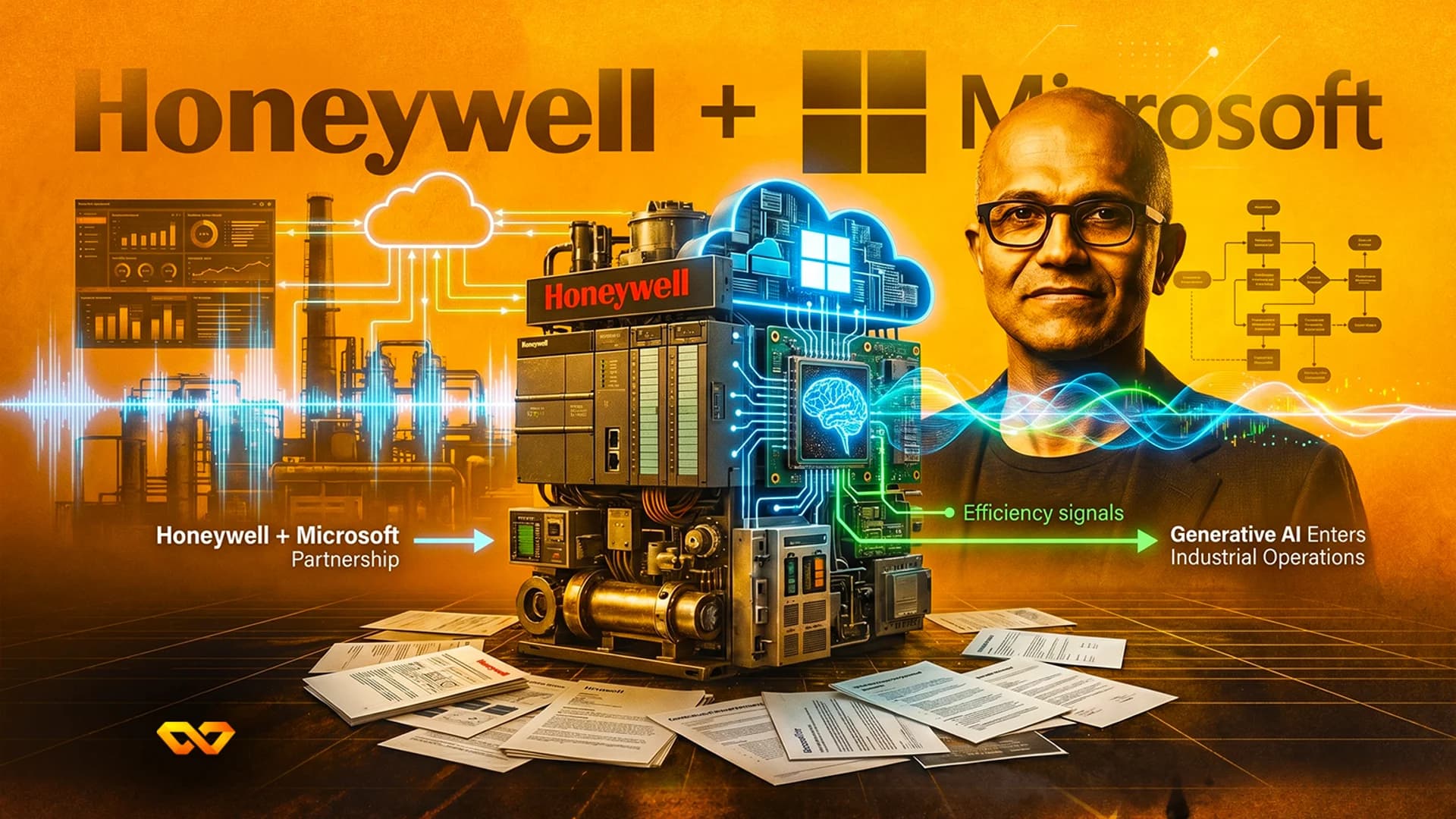 Satya Nadella next to industrial hardware and cloud icons with Honeywell and Microsoft logos on an orange background.