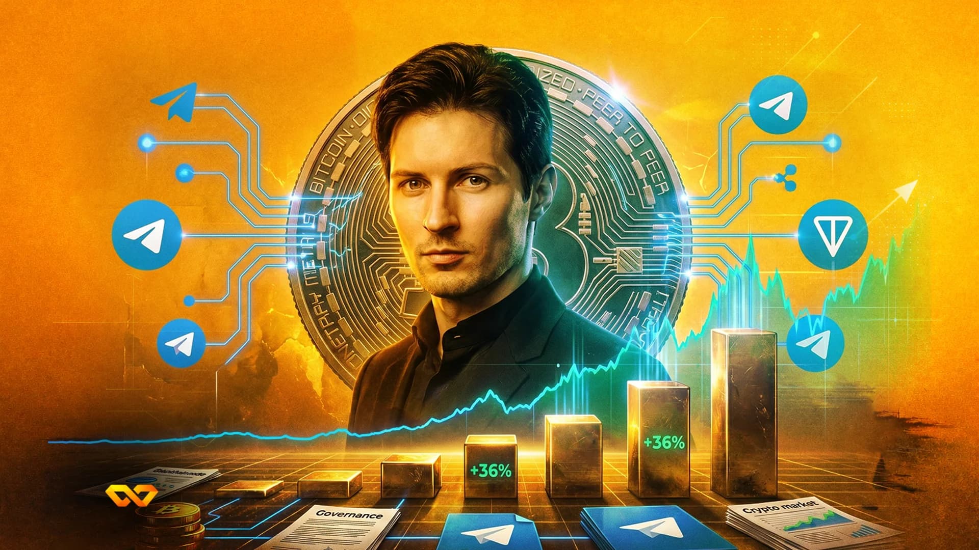 Portrait of a man with Telegram and Toncoin logos, green growth charts, and digital coins on an orange background.