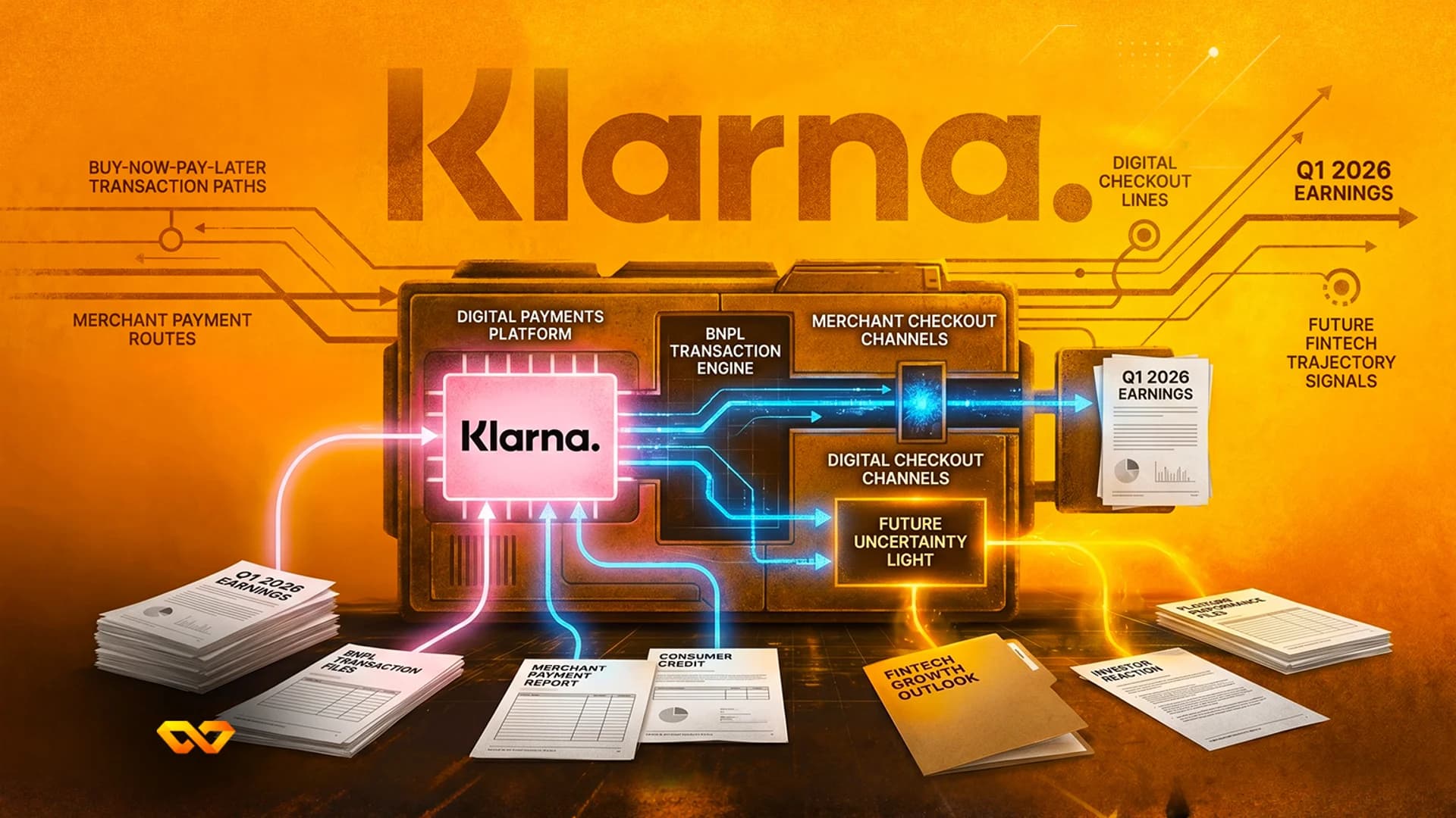 Digital illustration of a Klarna payment processor with glowing data lines and stacks of financial reports.