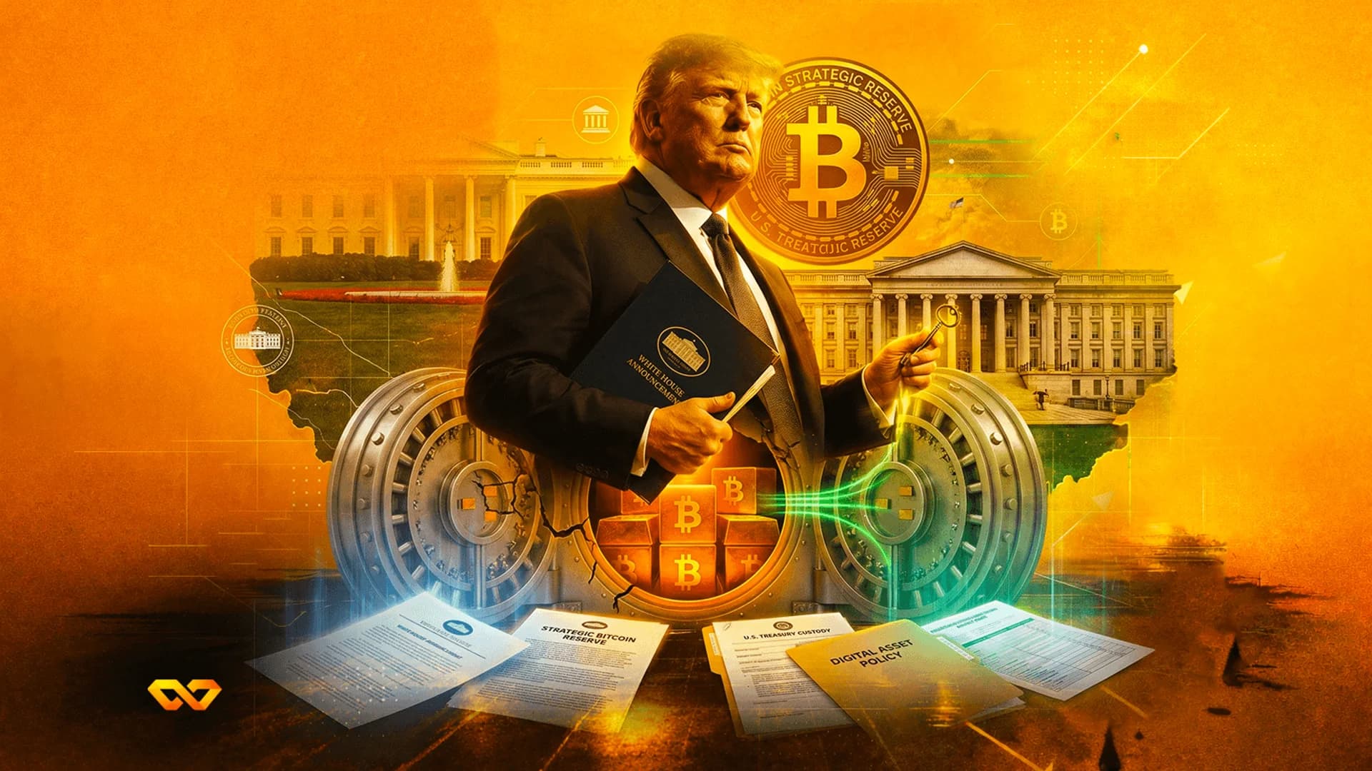 Donald Trump holding a document and a key, surrounded by Bitcoin symbols, vault doors, and government buildings.
