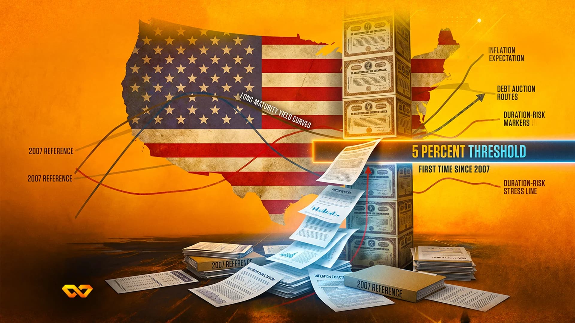 Stylized US flag map with a tower of bond certificates and financial charts on a textured orange background.
