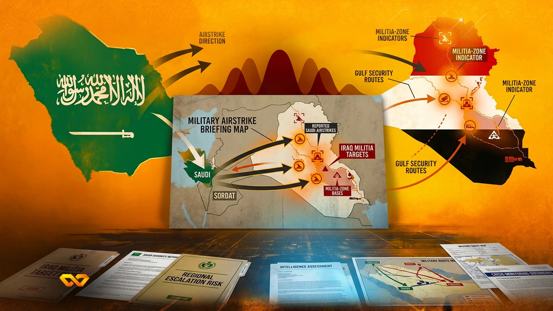 Infographic showing maps of Saudi Arabia and Iraq with military strike indicators and intelligence documents.