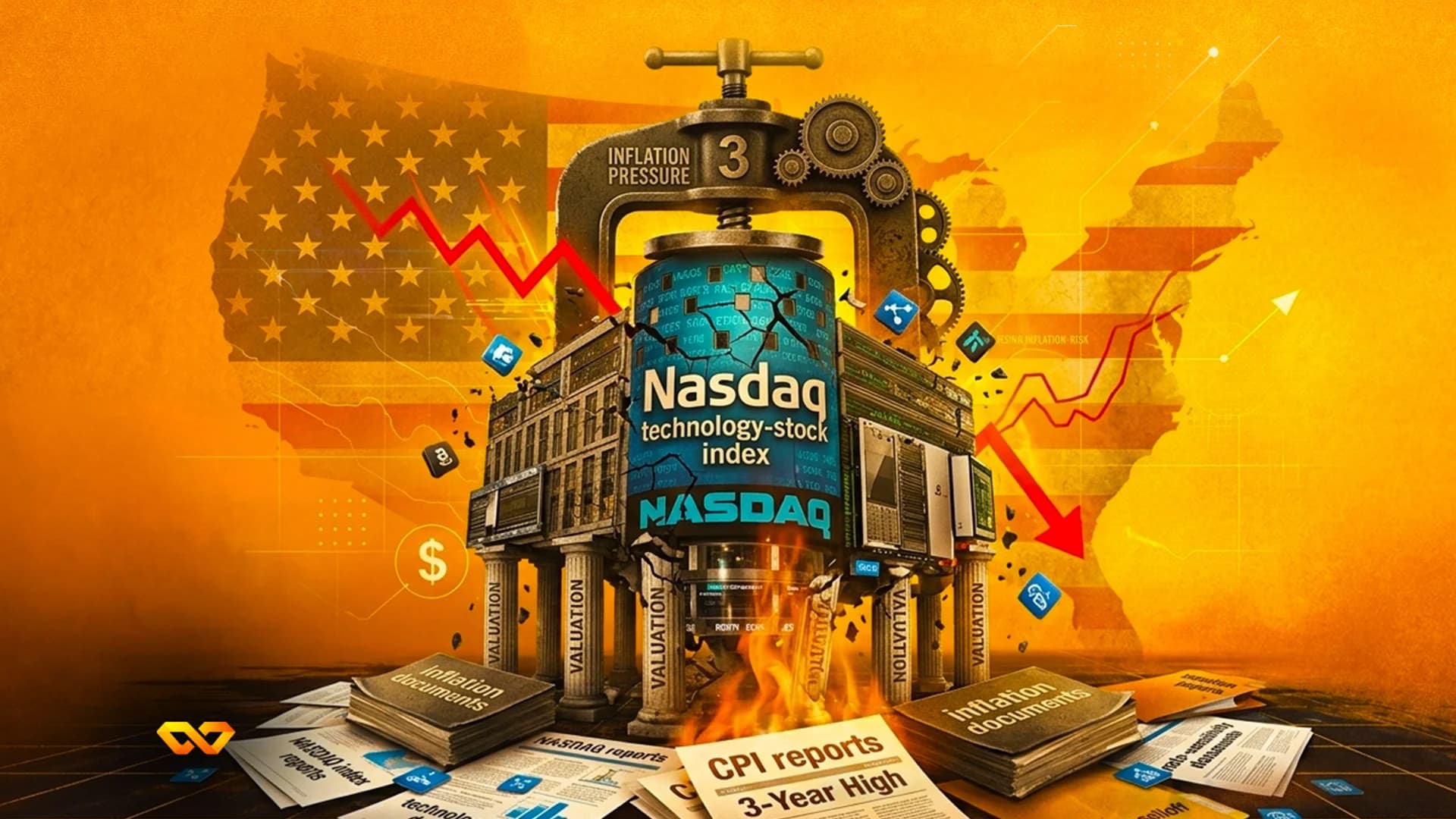 Mechanical press crushing a Nasdaq building with inflation labels, set against a US flag map background.