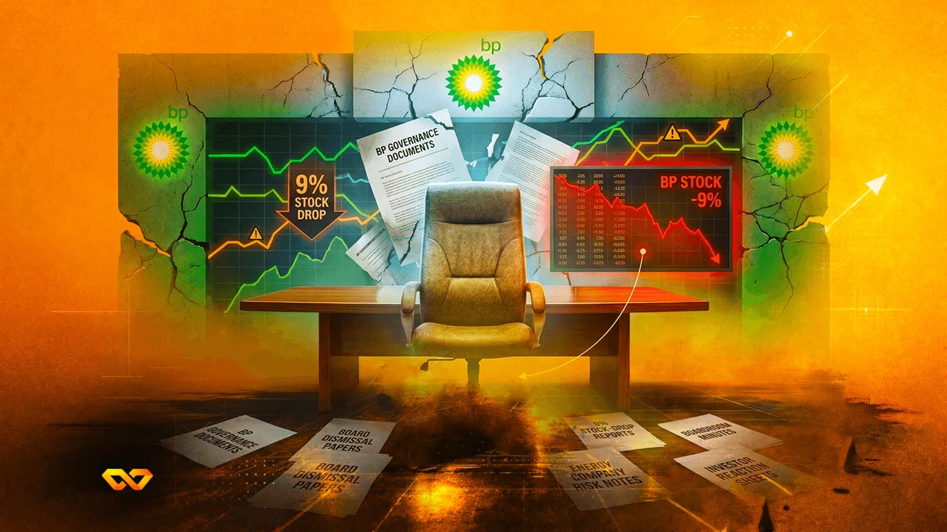 Illustration of an empty office chair before a cracked wall with BP logos and a 9% stock drop chart.