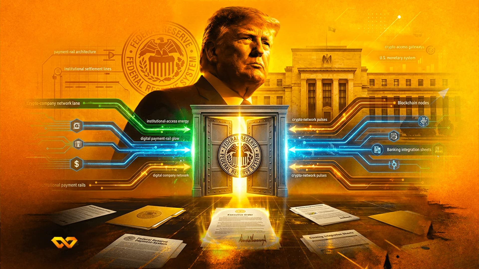 Portrait of Donald Trump above the Federal Reserve building with glowing digital lines and official documents.