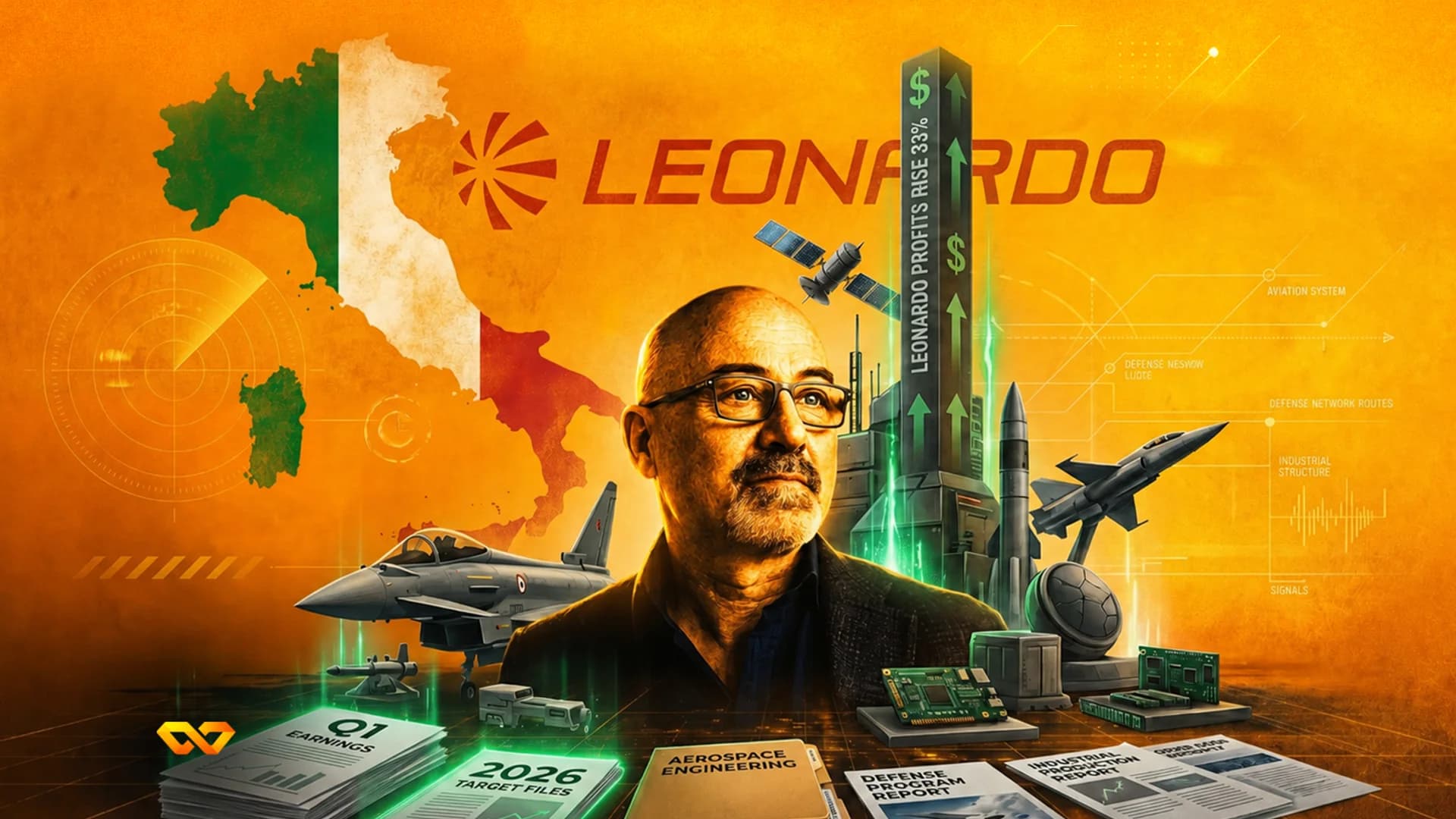 Collage with a man's portrait, Leonardo logo, Italian flag map, fighter jet, and financial reports on orange.