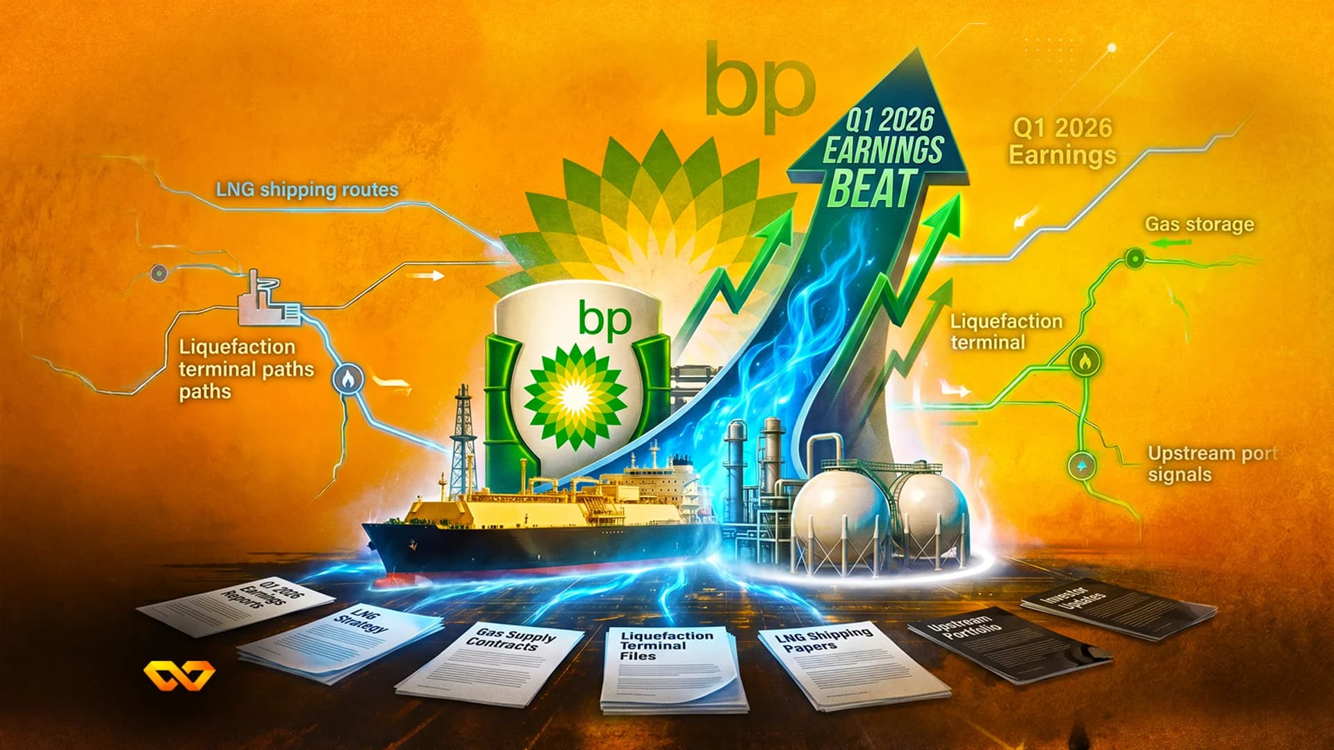 BP logo above an LNG tanker and gas facility with rising arrows and financial documents on an orange background.