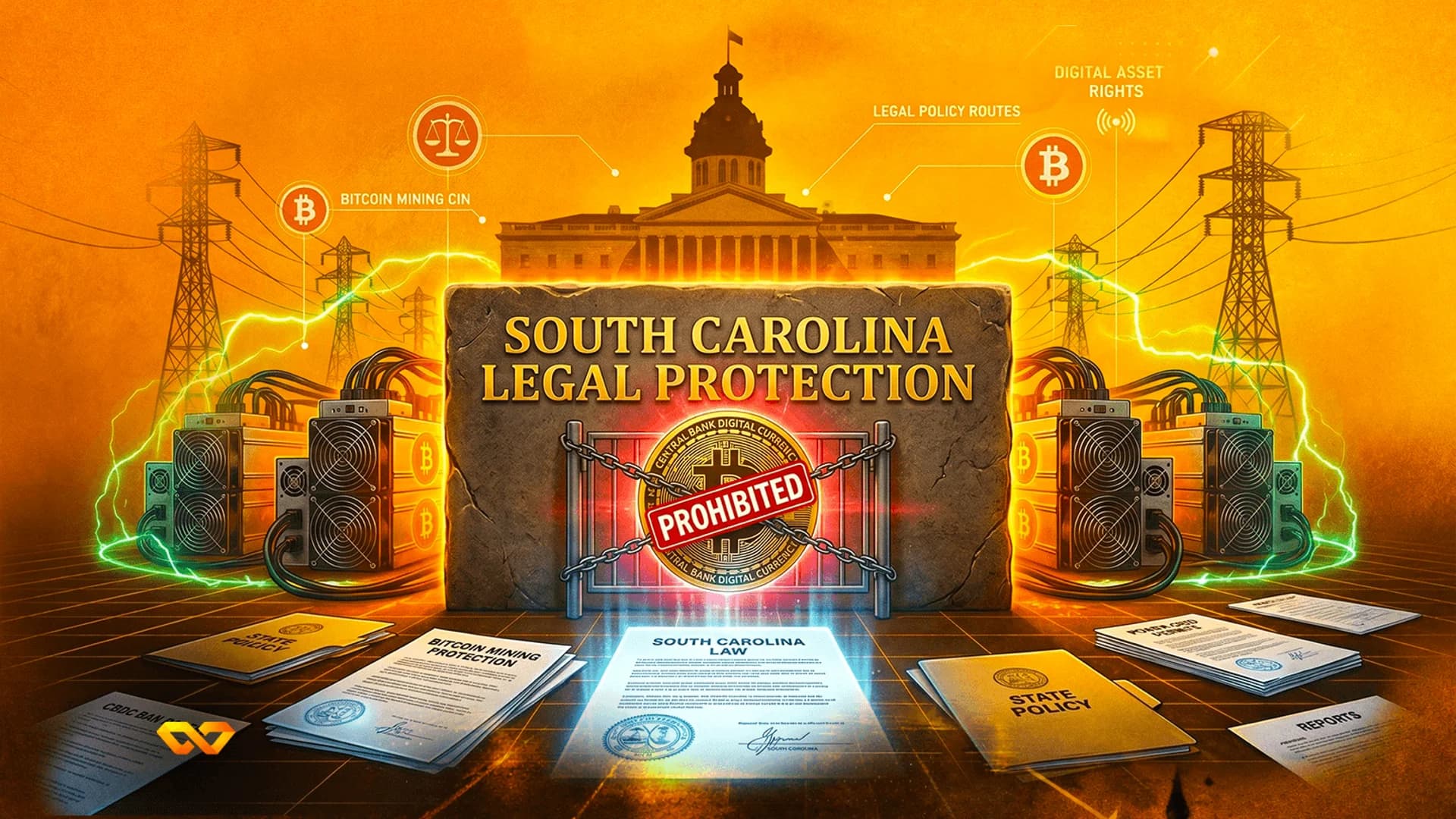 Illustration of South Carolina legal documents, Bitcoin mining rigs, and a prohibited CBDC sign before a state house.