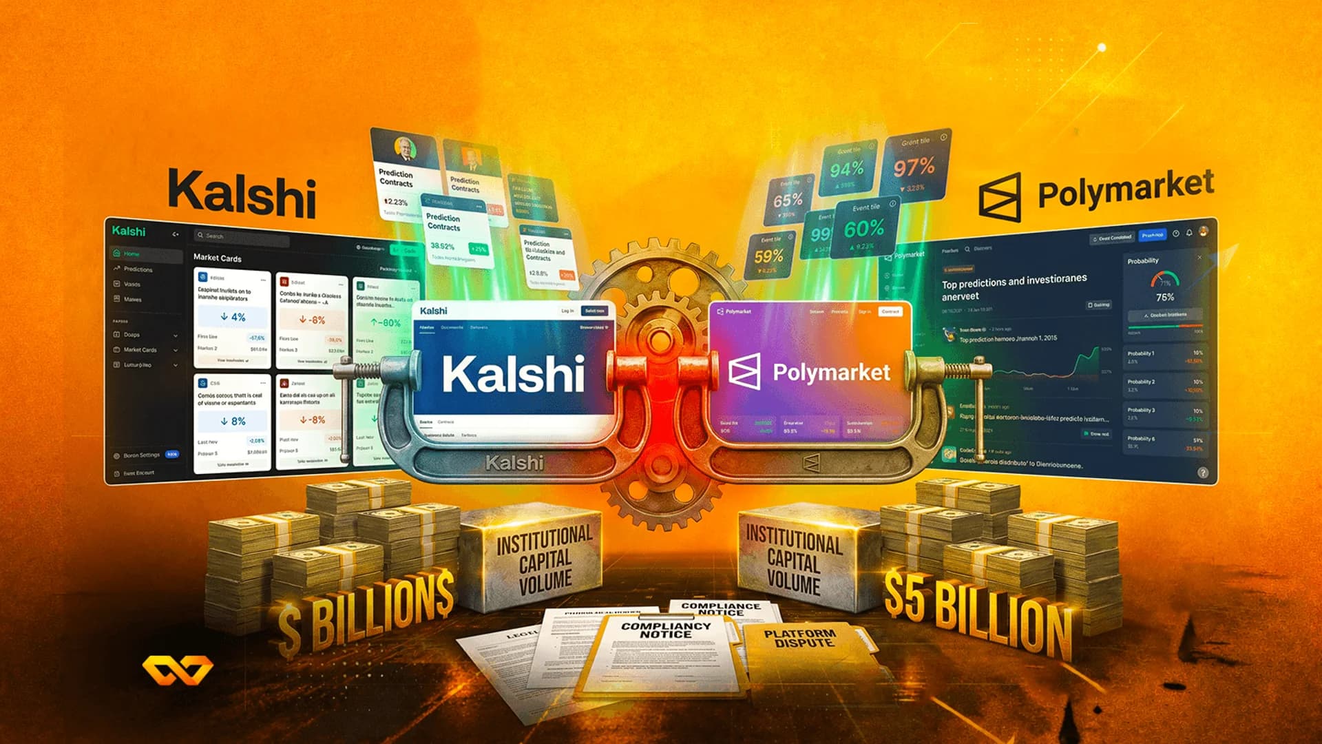 Digital illustration of Kalshi and Polymarket logos in a clamp above stacks of money, gold bars, and legal documents.