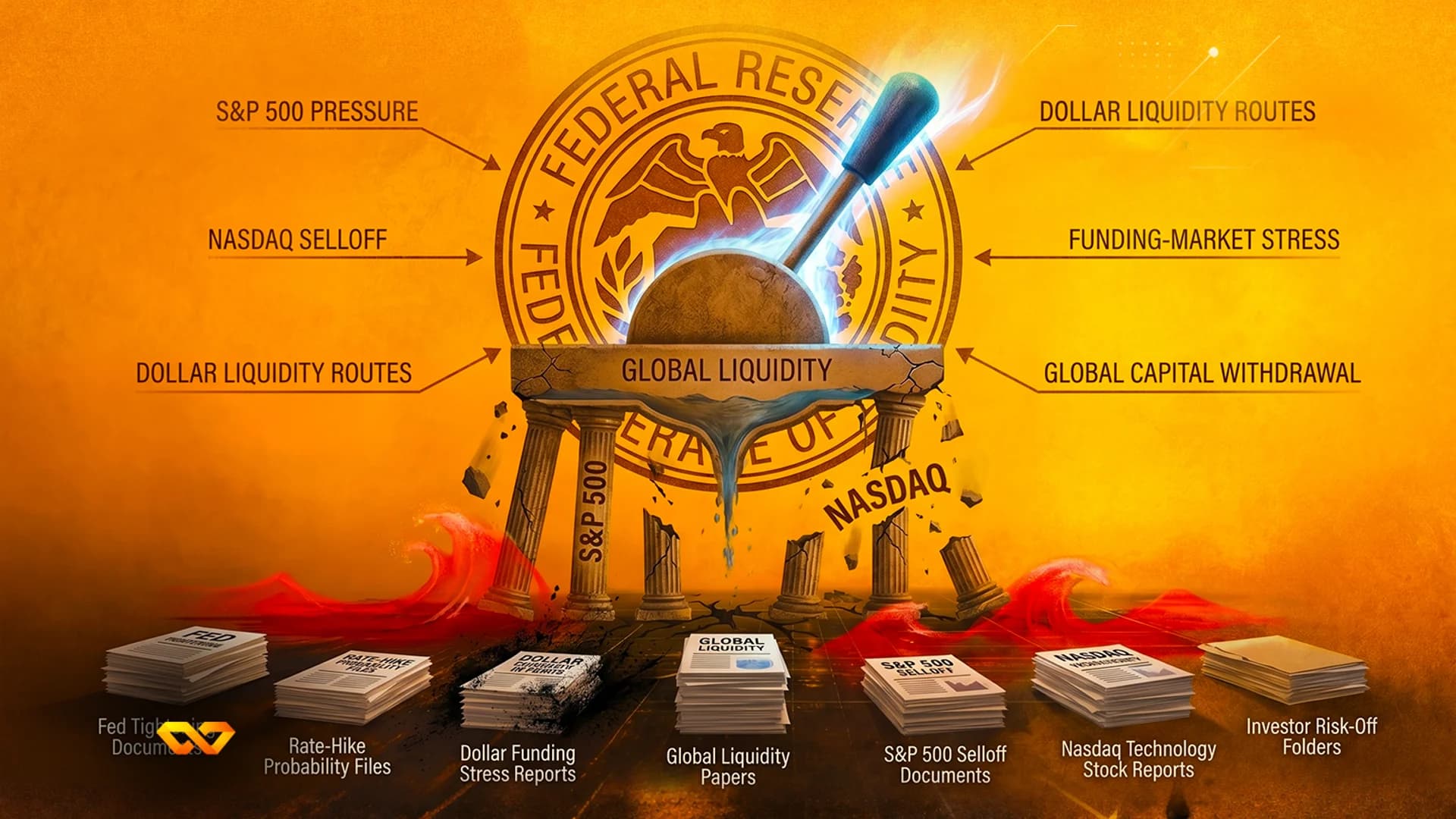 Federal Reserve seal behind a global liquidity lever on crumbling stone pillars labeled S&P 500 and NASDAQ.