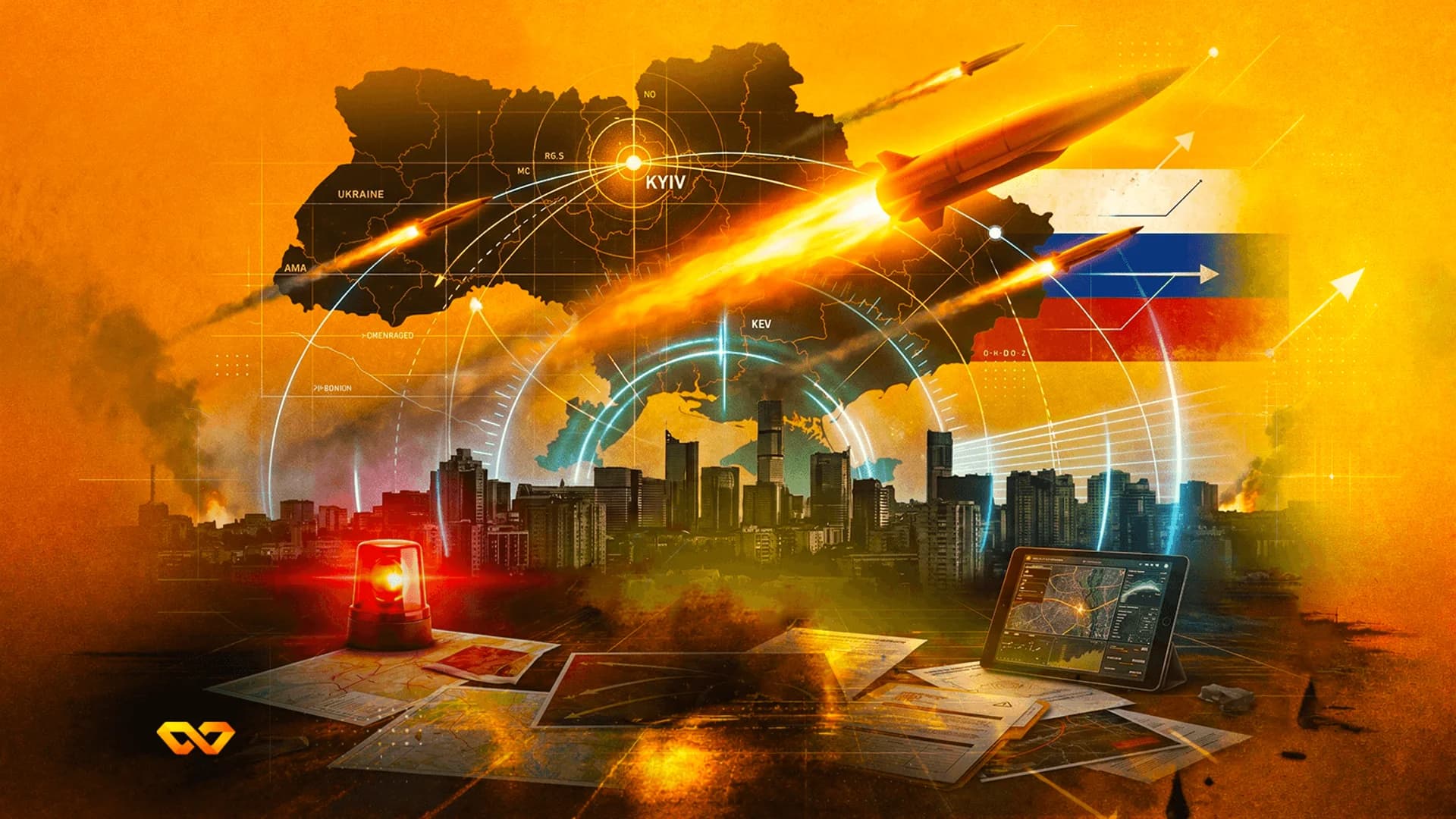 Digital illustration of missiles flying over a map of Ukraine and a city skyline under an orange sky.