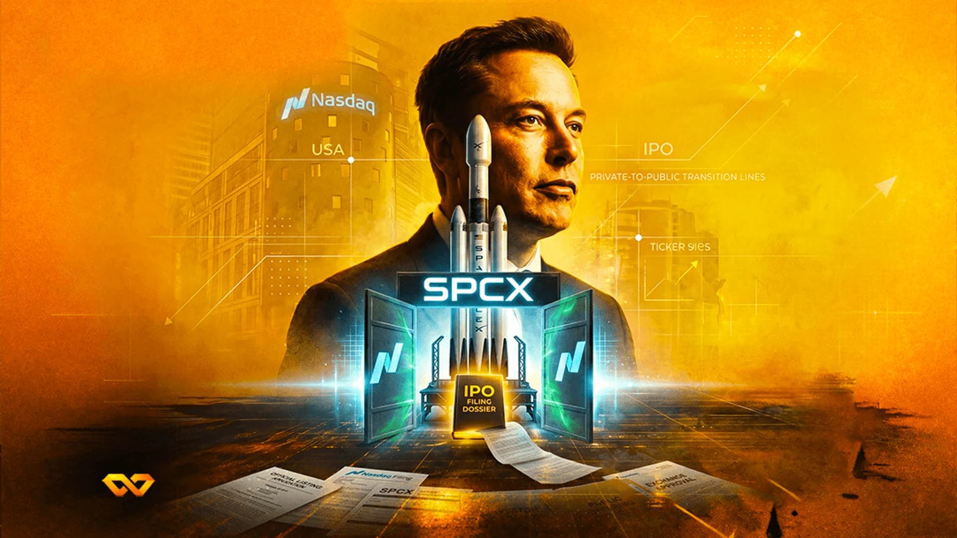 Futuristic rocket next to a glowing NASDAQ portal with documents labeled SpaceX IPO Filing on the ground.