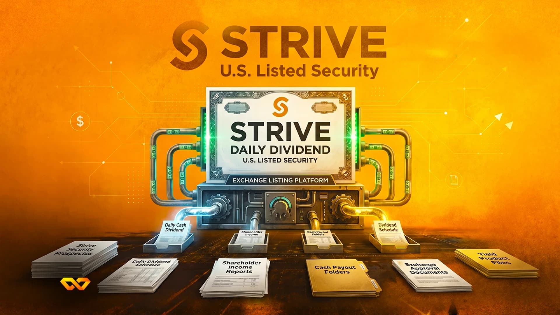Digital illustration of a machine labeled STRIVE producing financial documents on a textured orange background.