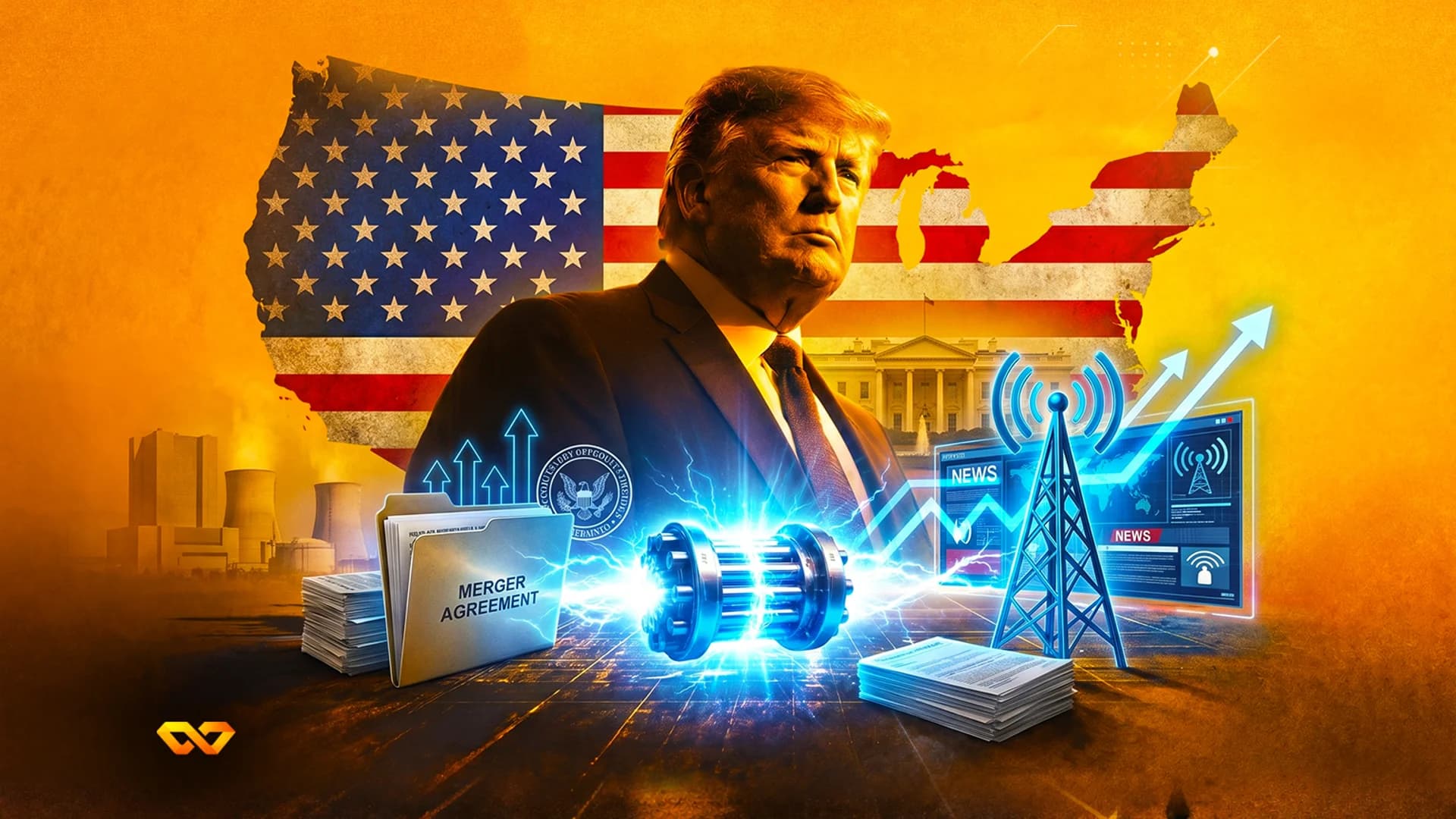 Portrait of Donald Trump over a US map flag, with a merger agreement folder, energy device, and news tower.