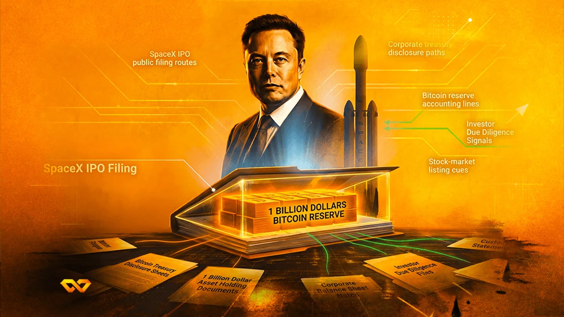 A folder labeled SpaceX IPO Filing Dossier with gold bars and a Bitcoin symbol inside, set against a rocket launchpad.