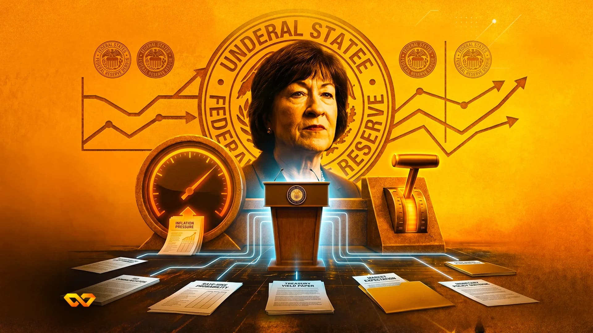 Illustration of a woman at a podium with Federal Reserve seals, upward charts, a gauge, and financial documents.