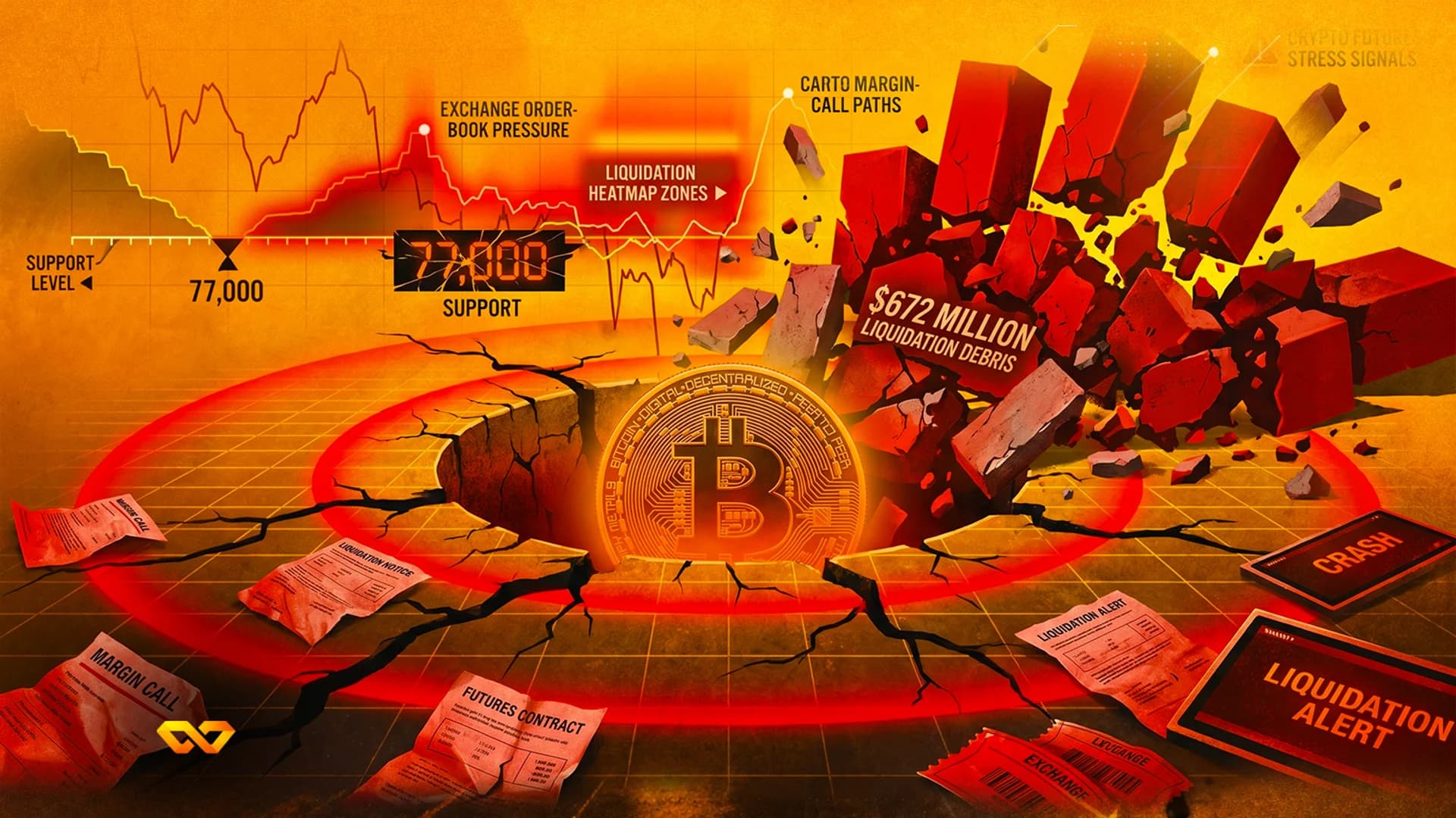 Bitcoin logo falling into a cracked crater surrounded by red liquidation alerts and crumbling red bricks.
