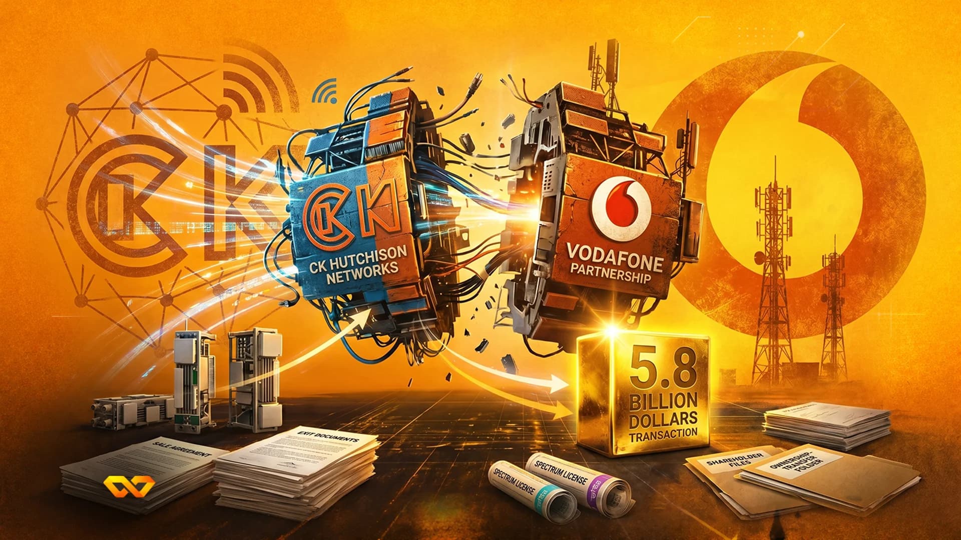 Digital illustration of CK Hutchison and Vodafone logos on colliding mechanical parts with a gold transaction cube.
