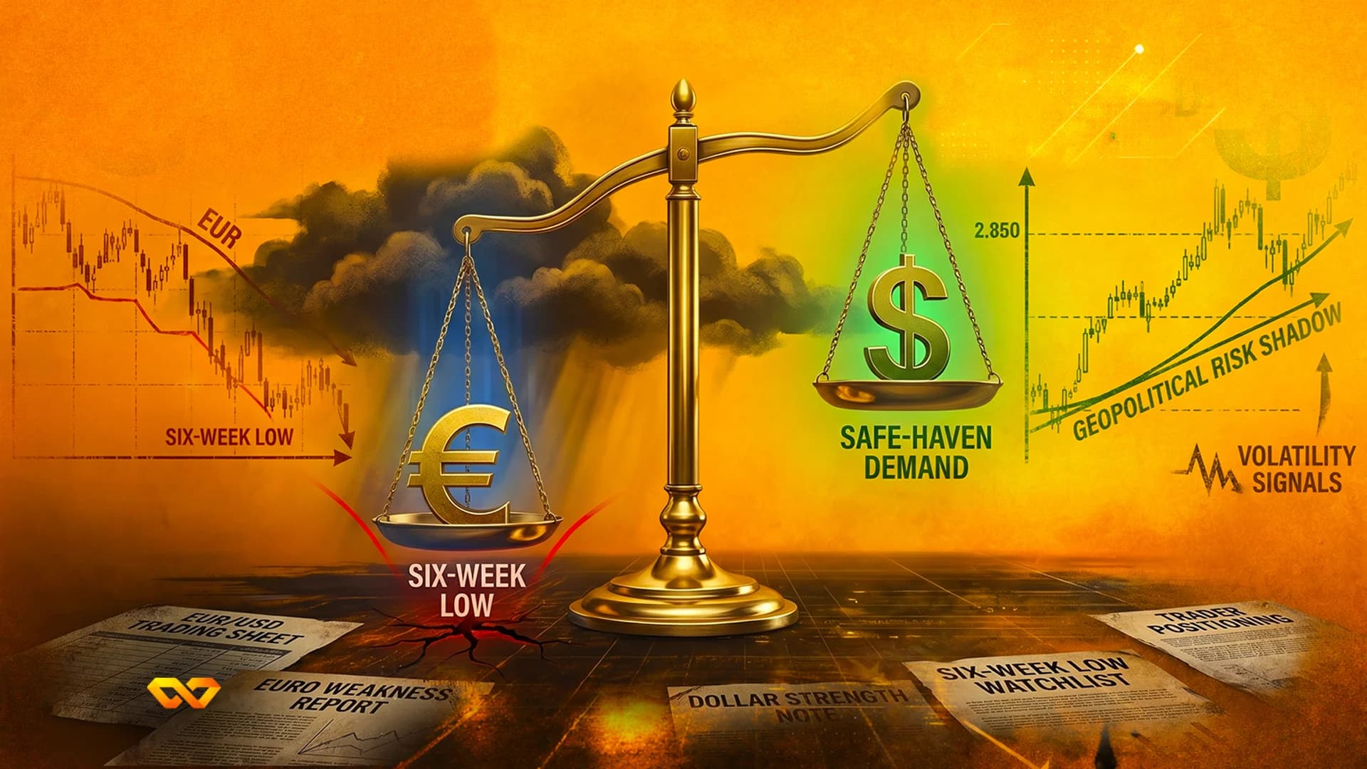 Golden scale with a Euro symbol lower than a Dollar symbol, set against financial charts and scattered reports.