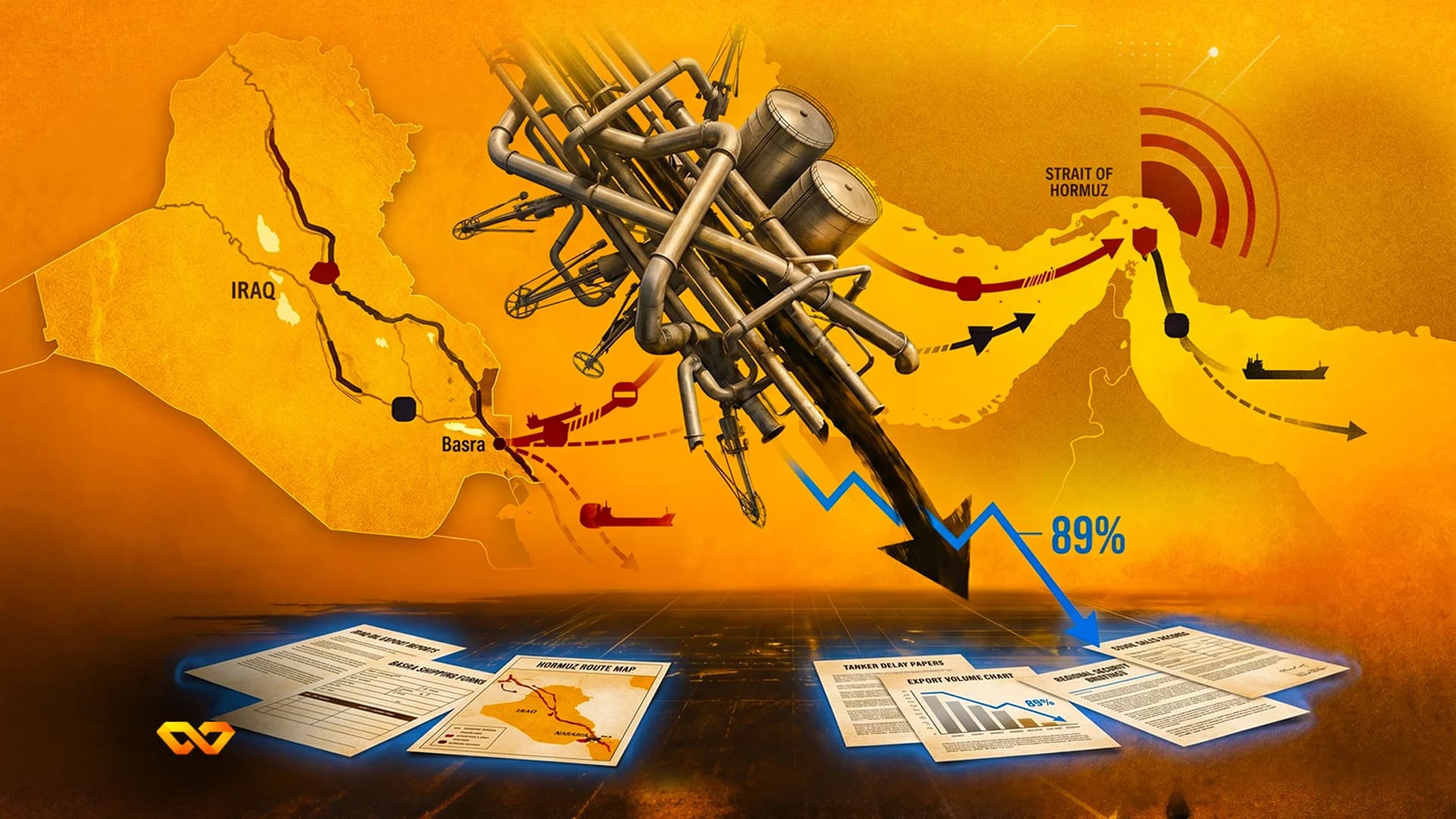 Stylized map of Iraq and the Strait of Hormuz with oil pipes, a downward arrow, and a chart showing an 89% drop.