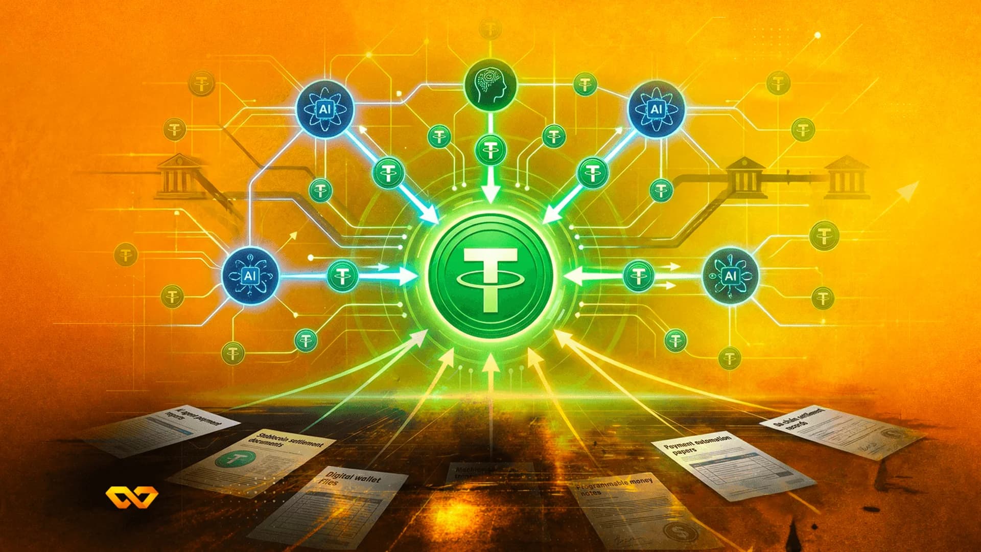 Central green Tether logo coin surrounded by AI icons, bank symbols, and glowing connection lines over documents.