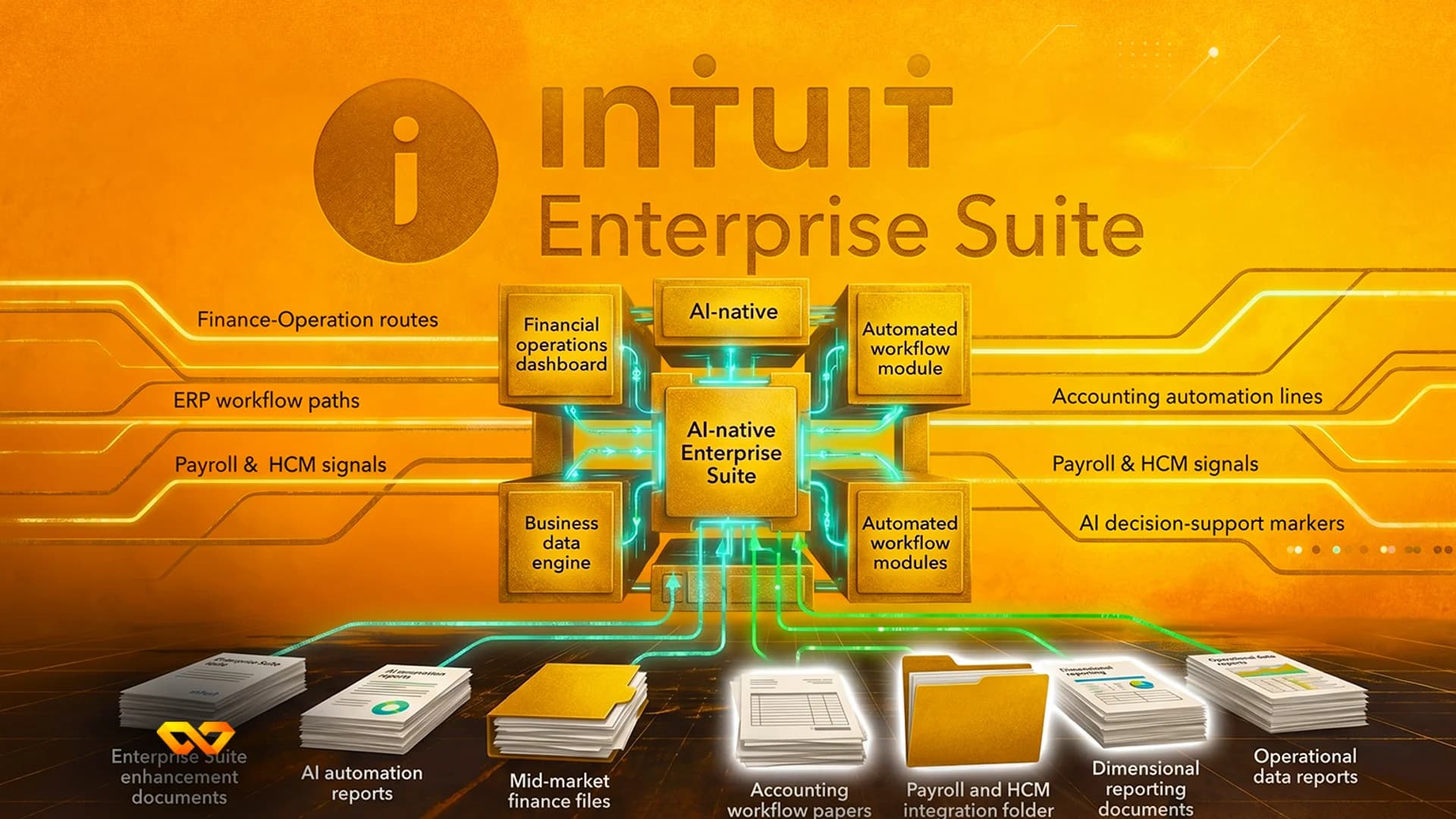 Infographic for Intuit Enterprise Suite featuring a central golden cube and glowing data lines on an orange background.