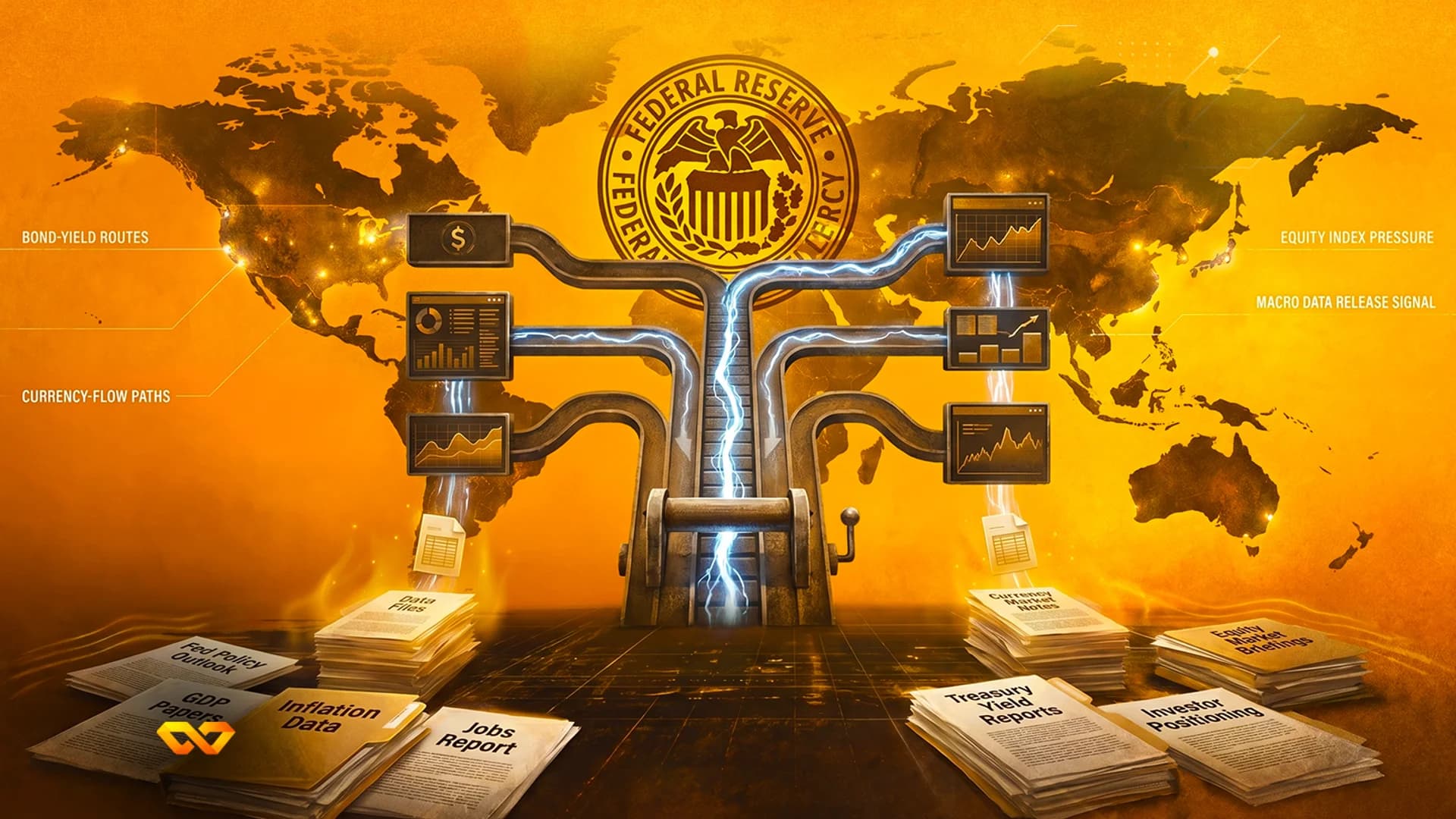 Federal Reserve seal over a world map with economic data documents and digital charts connected by energy bolts.