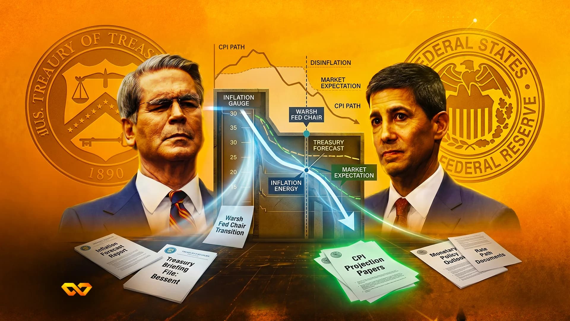 Portraits of two men flanking an inflation chart with US Treasury and Federal Reserve seals on an orange background.
