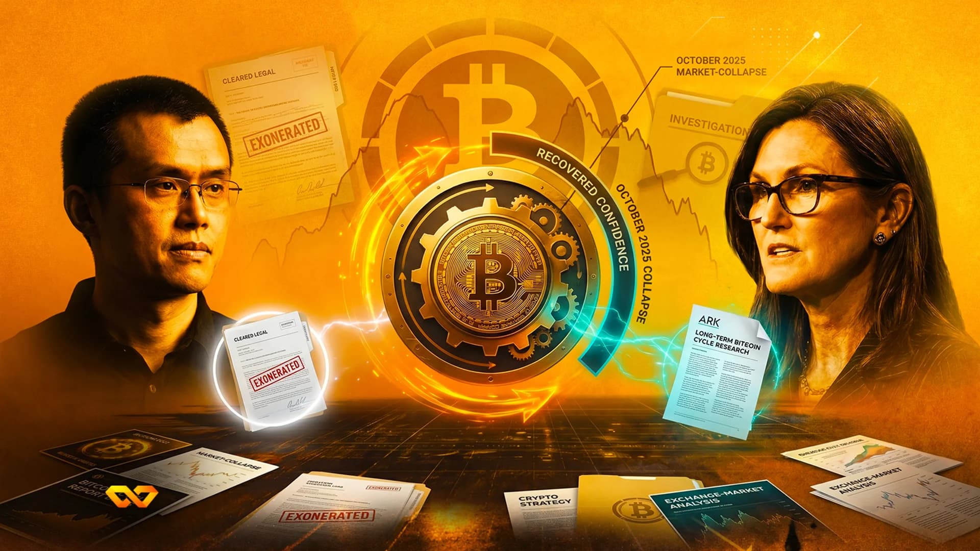 Portraits of Changpeng Zhao and Cathie Wood flanking a glowing Bitcoin coin amidst legal documents on an orange background.