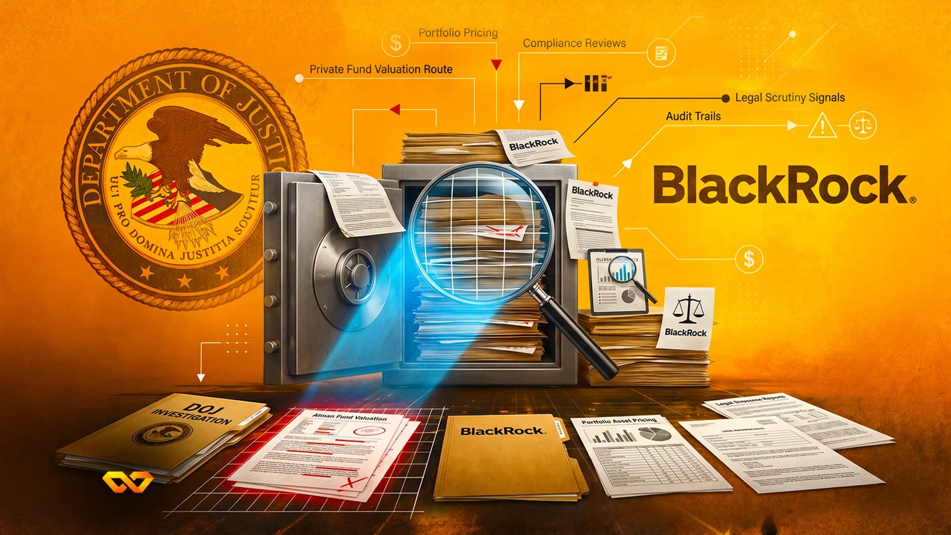 DOJ seal, a safe of documents, a magnifying glass, and BlackRock logo on an orange background.