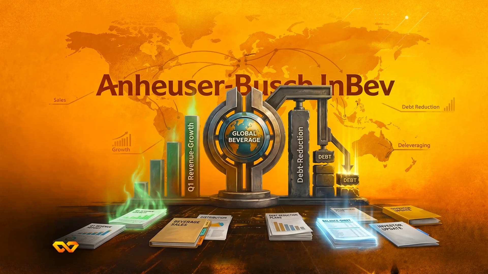 Illustration of Anheuser-Busch InBev logo over a world map with revenue growth charts and debt reduction machinery.