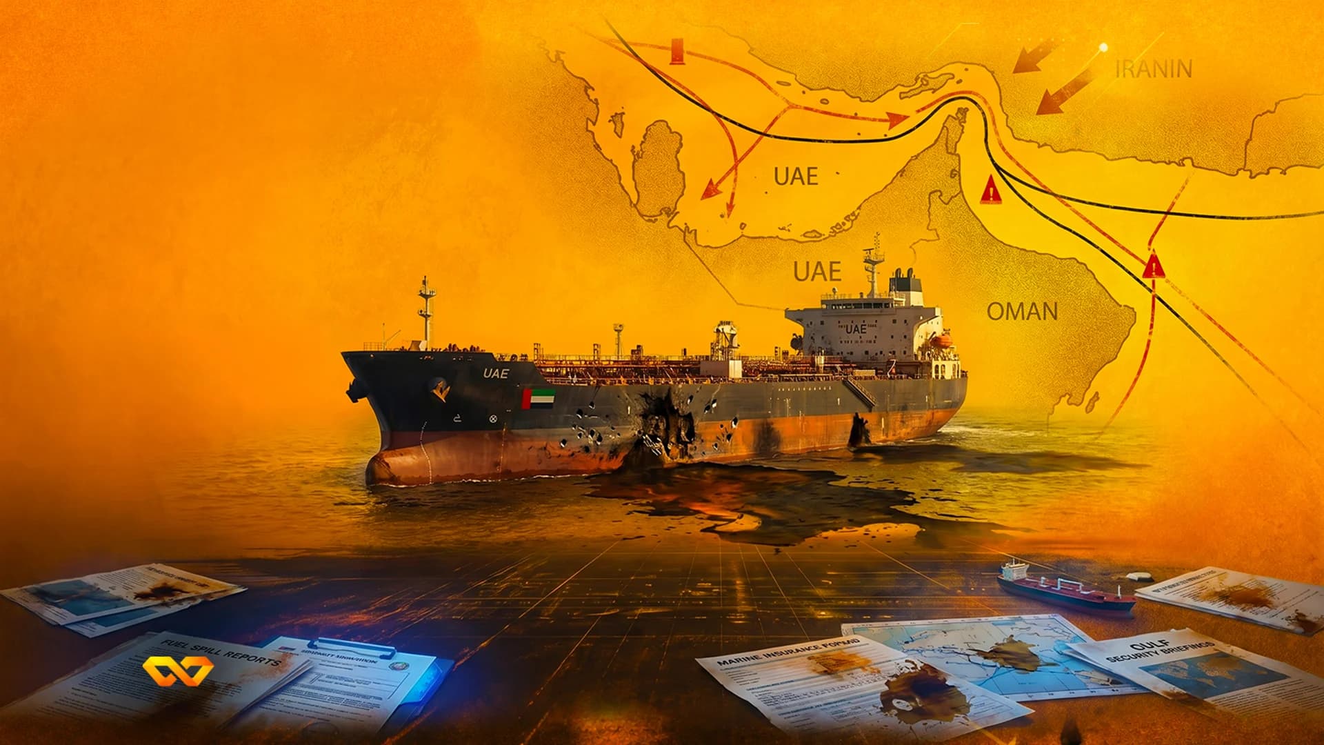 Damaged oil tanker with UAE flag leaking oil in front of a map of the Persian Gulf with warning symbols.
