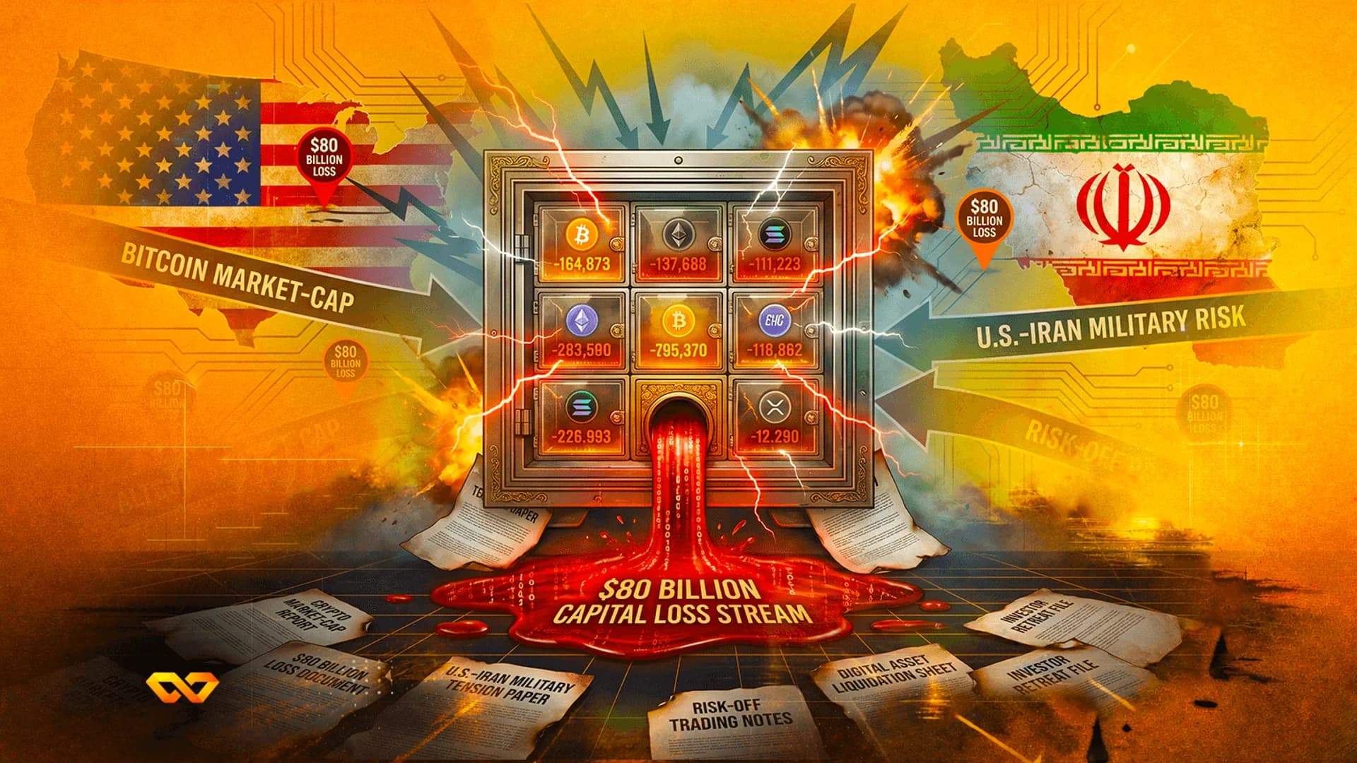 A safe displaying crypto logos and negative values between US and Iran flags, with red liquid spilling onto documents.