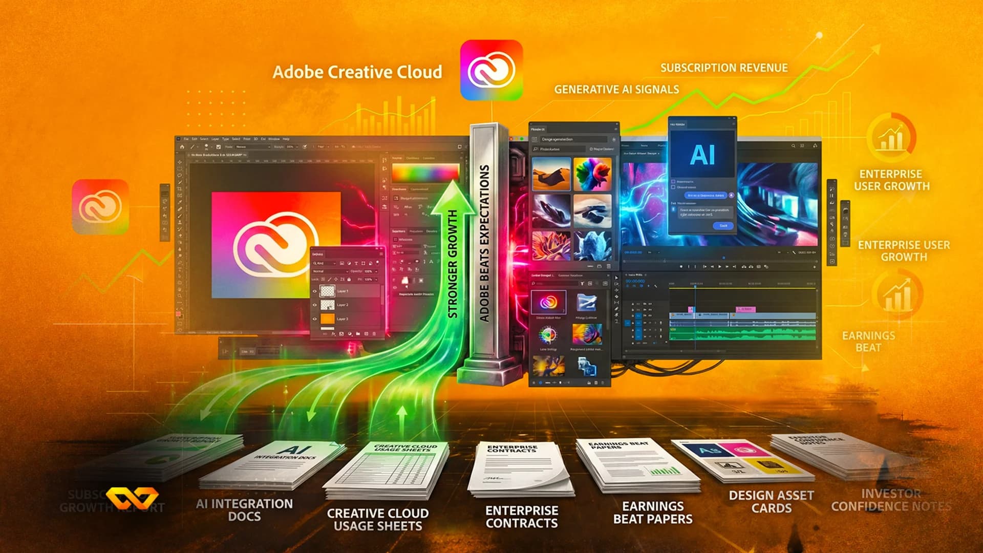 Digital illustration of Adobe Creative Cloud interfaces, growth charts, and financial documents on an orange background.