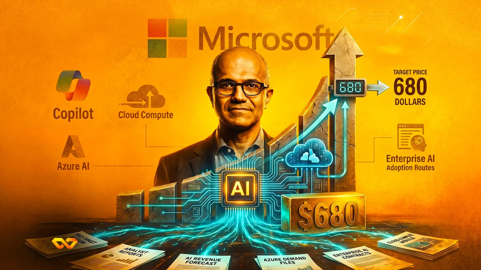 Illustration of Satya Nadella with Microsoft logo, cloud icons, server racks, and financial charts on orange background.