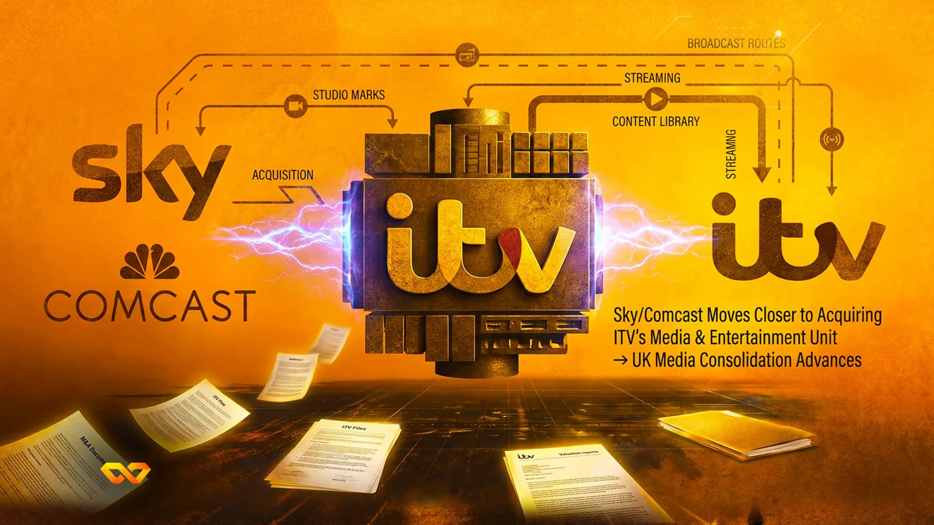 Graphic with Sky, Comcast, and ITV logos on an orange background with diagrams and flying M&A documents.